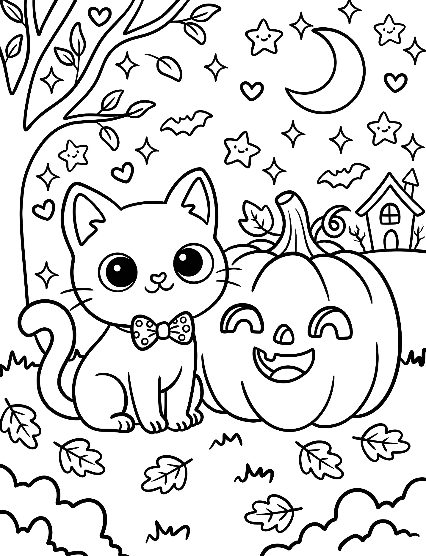 Милый котенок и тыква под луной №17139. Хэллоуин (Halloween). Светильники Джека.