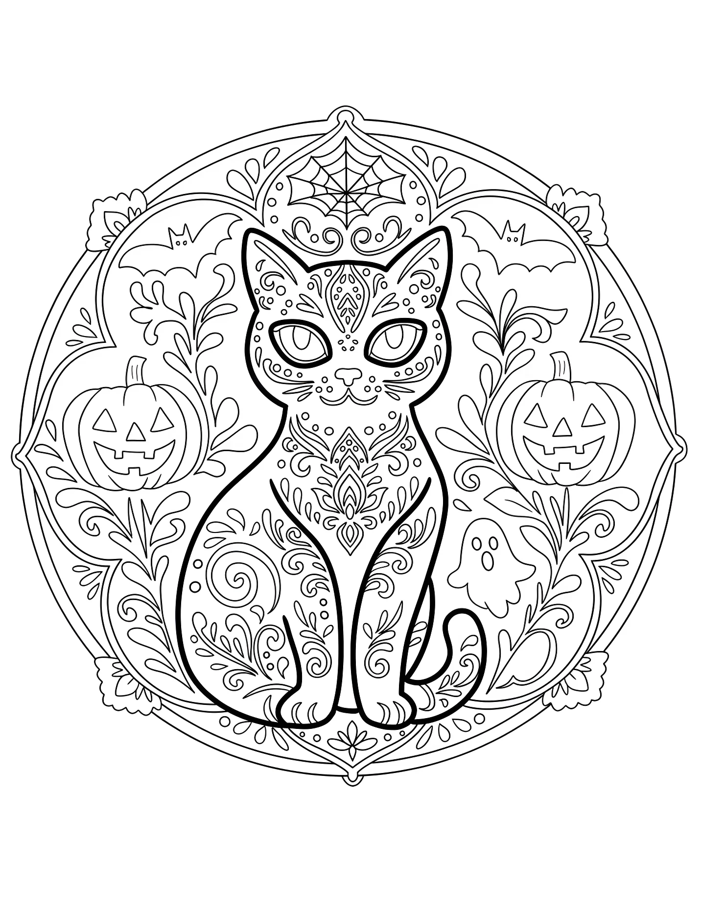 Забавный кот на Хэллоуин в мандале для детей №16909. Хэллоуин (Halloween). Хэллоуинские кошки.