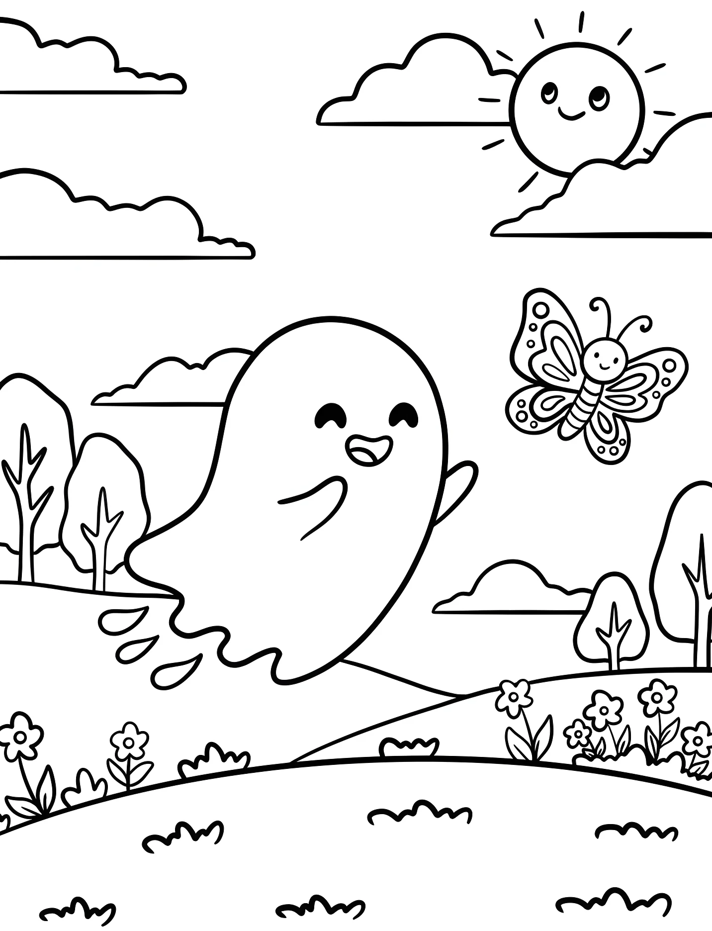Весёлый призрак и бабочка для детей №16804. Хэллоуин (Halloween). Привидения.