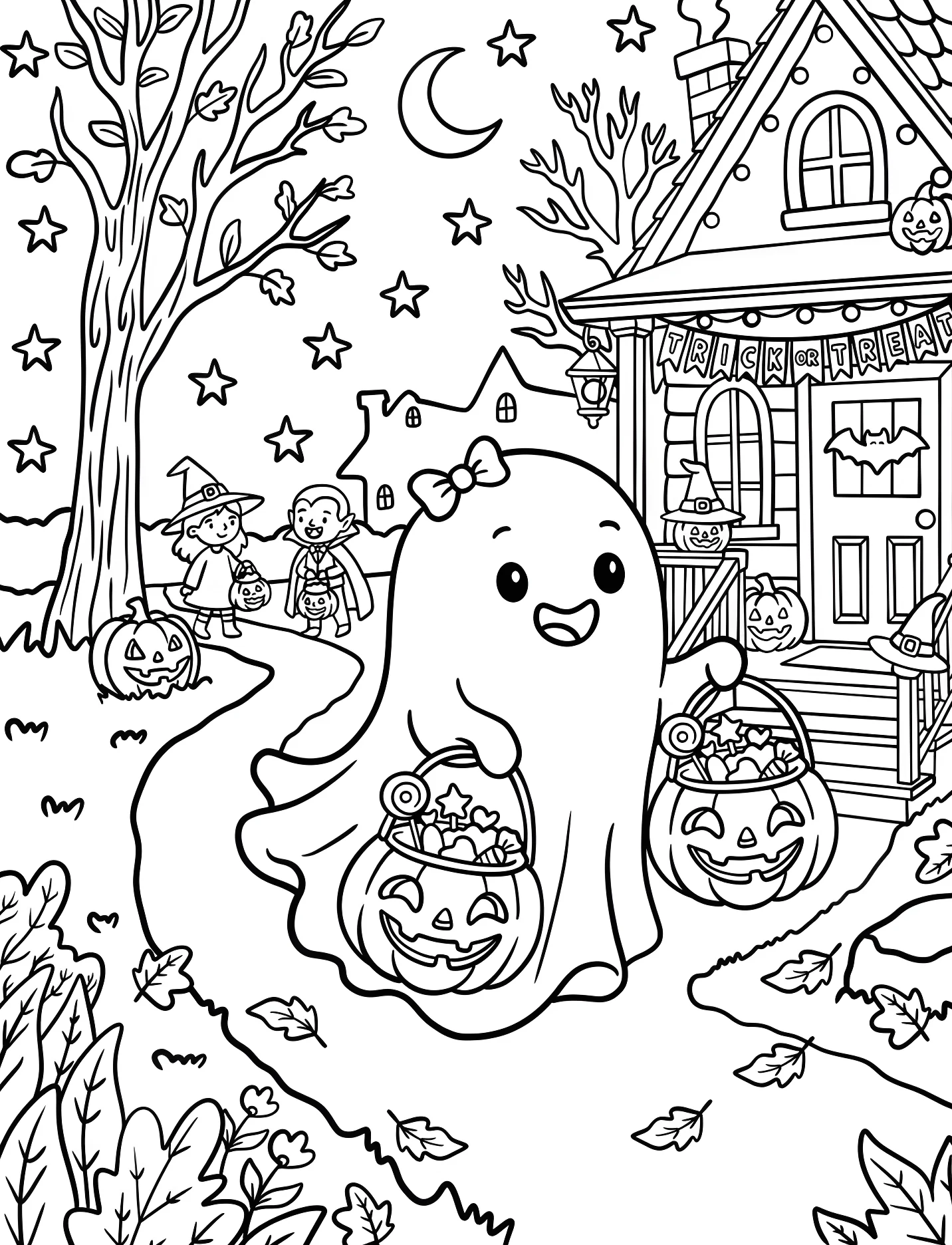 Милый призрак на Хэллоуин с угощениями №16805. Хэллоуин (Halloween). Привидения.