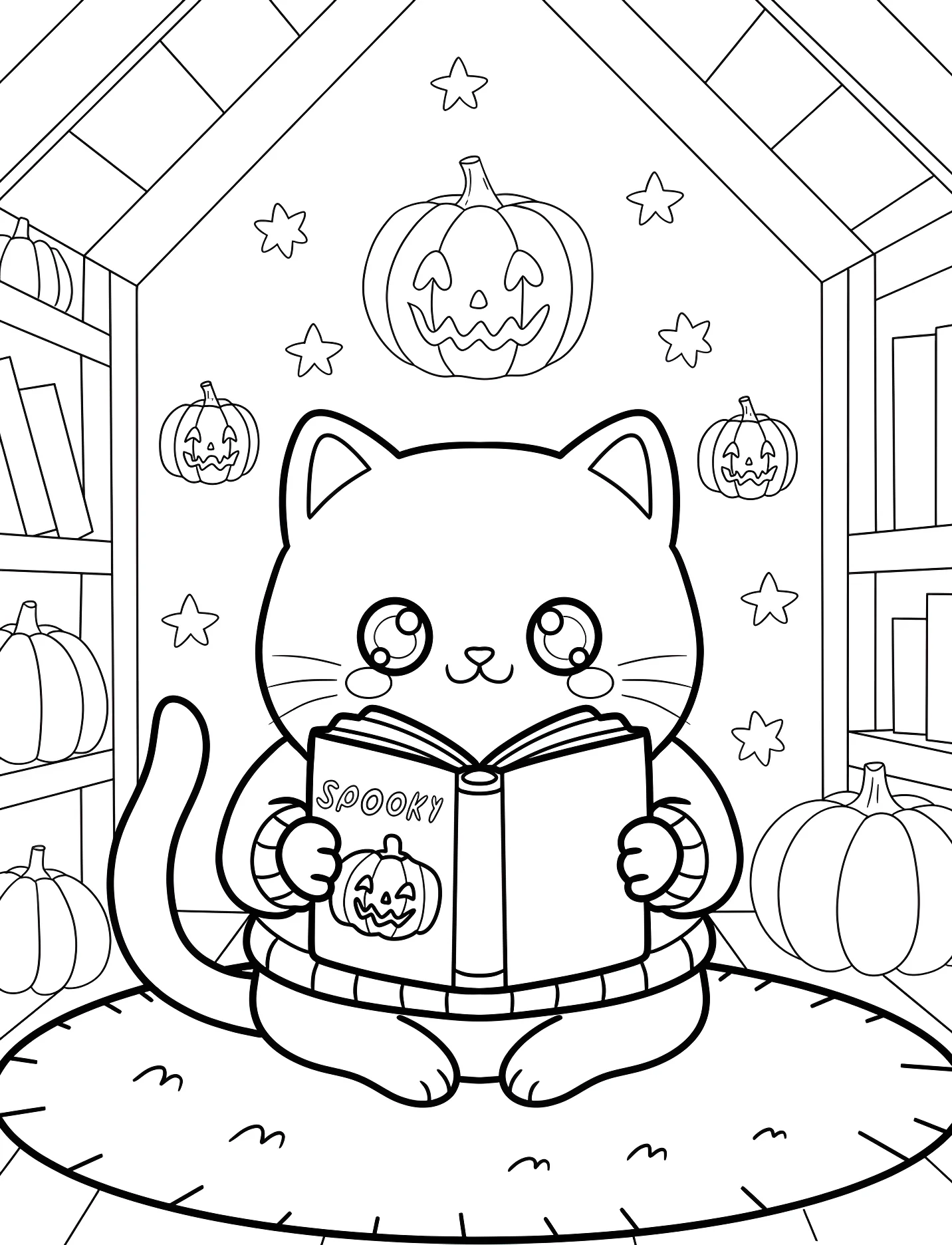 Забавный котенок в свитере читает книгу для детей №16911. Хэллоуин (Halloween). Хэллоуинские кошки.