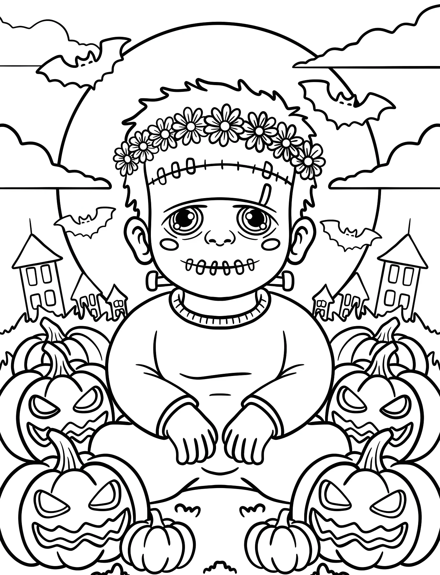 Милый Франкенштейн с венком из цветов для детей №16745. Хэллоуин (Halloween). Франкенштейн.