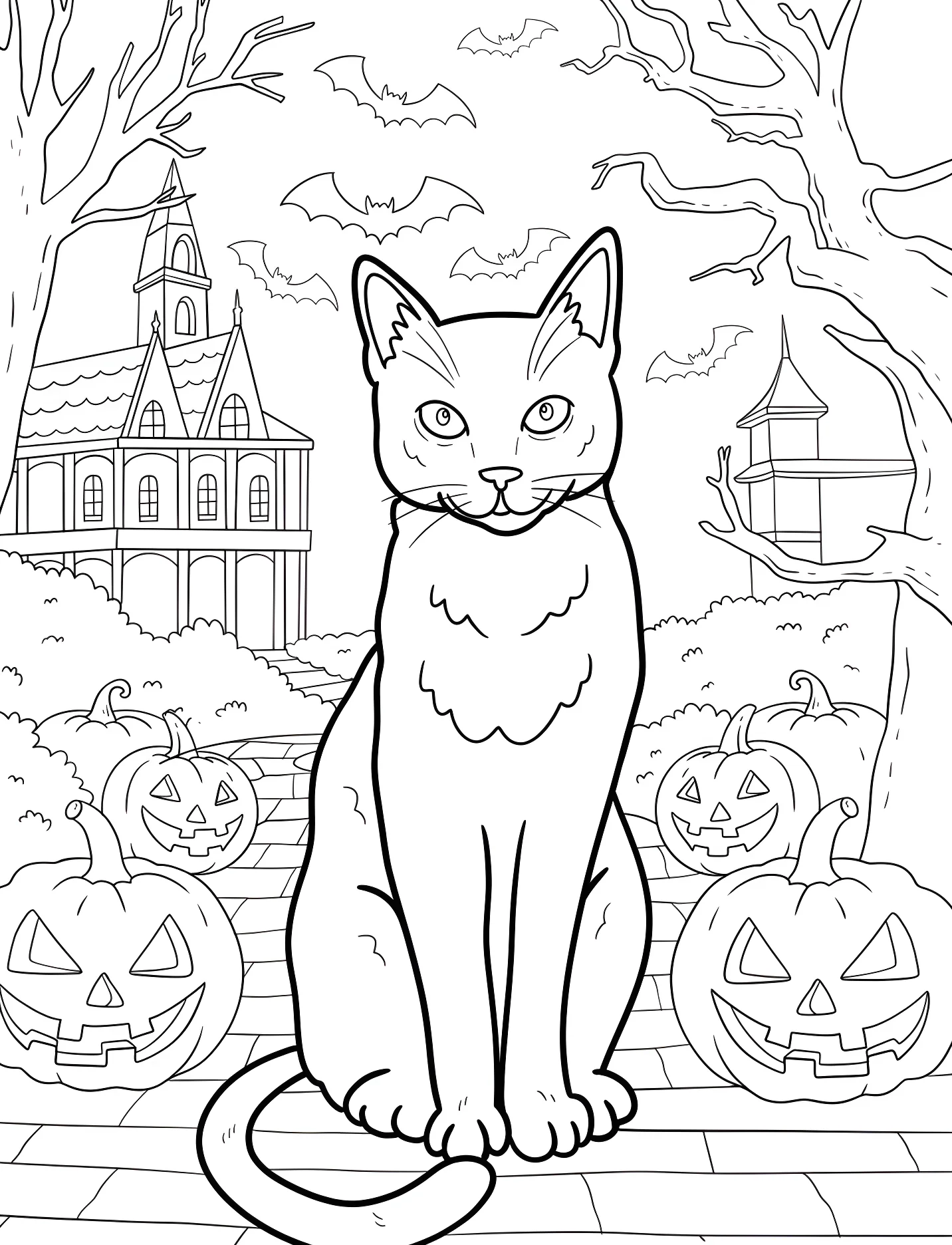 Милый черный кот на фоне замка №16912. Хэллоуин (Halloween). Хэллоуинские кошки.