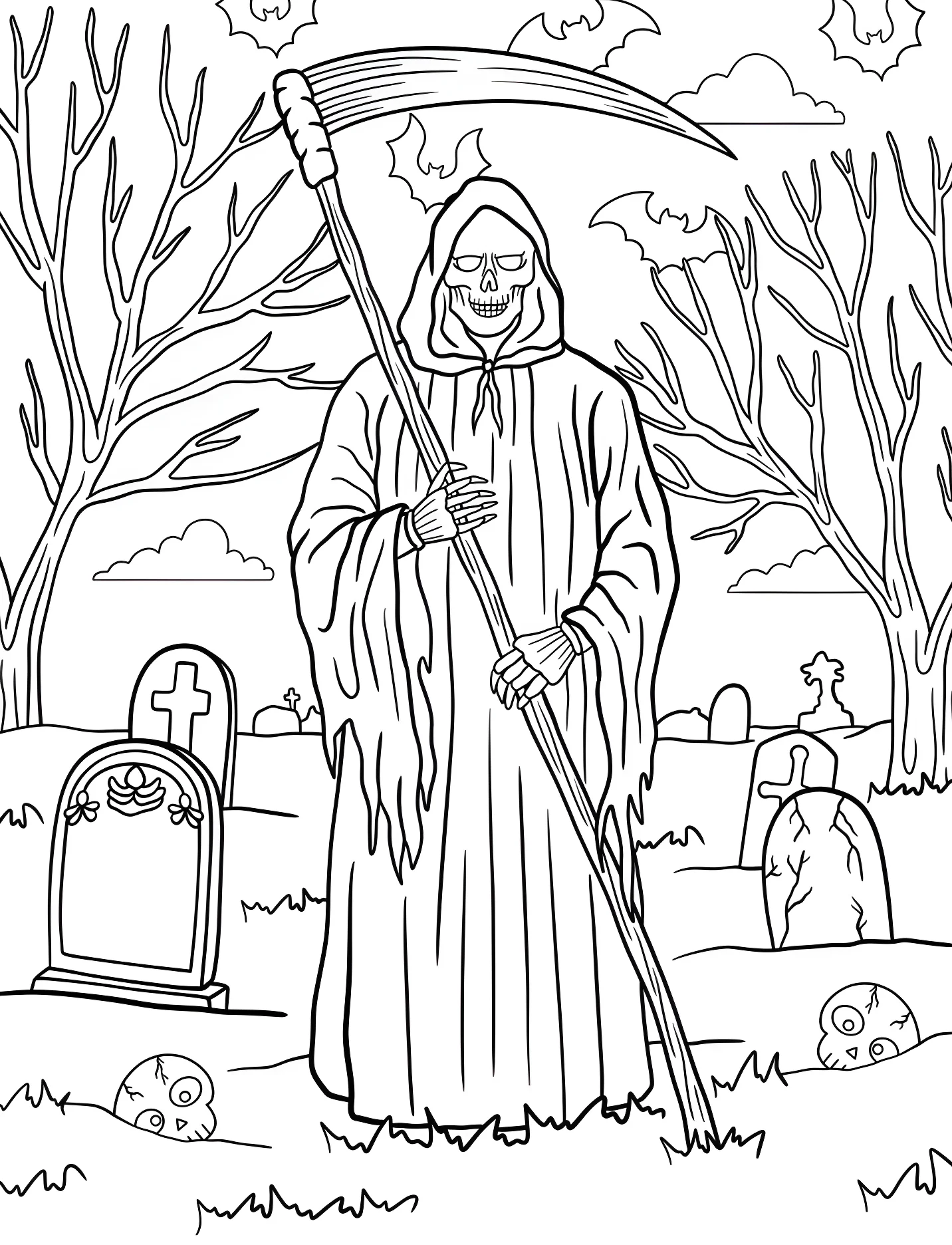Жуткий серый проводник в кладбище для детей №16891. Хэллоуин (Halloween). Мрачный жнец.