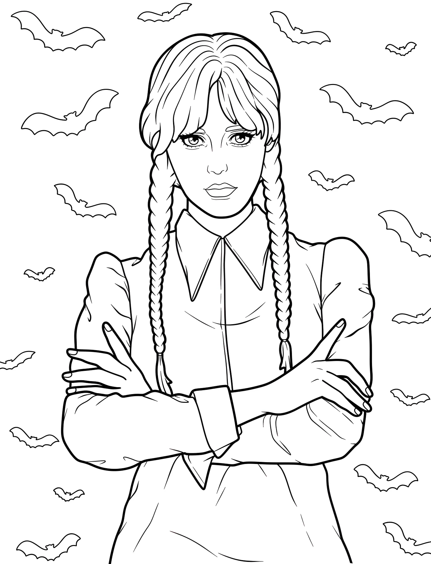 Венсдей Аддамс с летучими мышами для детей №17761. Хэллоуин (Halloween). Уэнсдей (Wednesday).