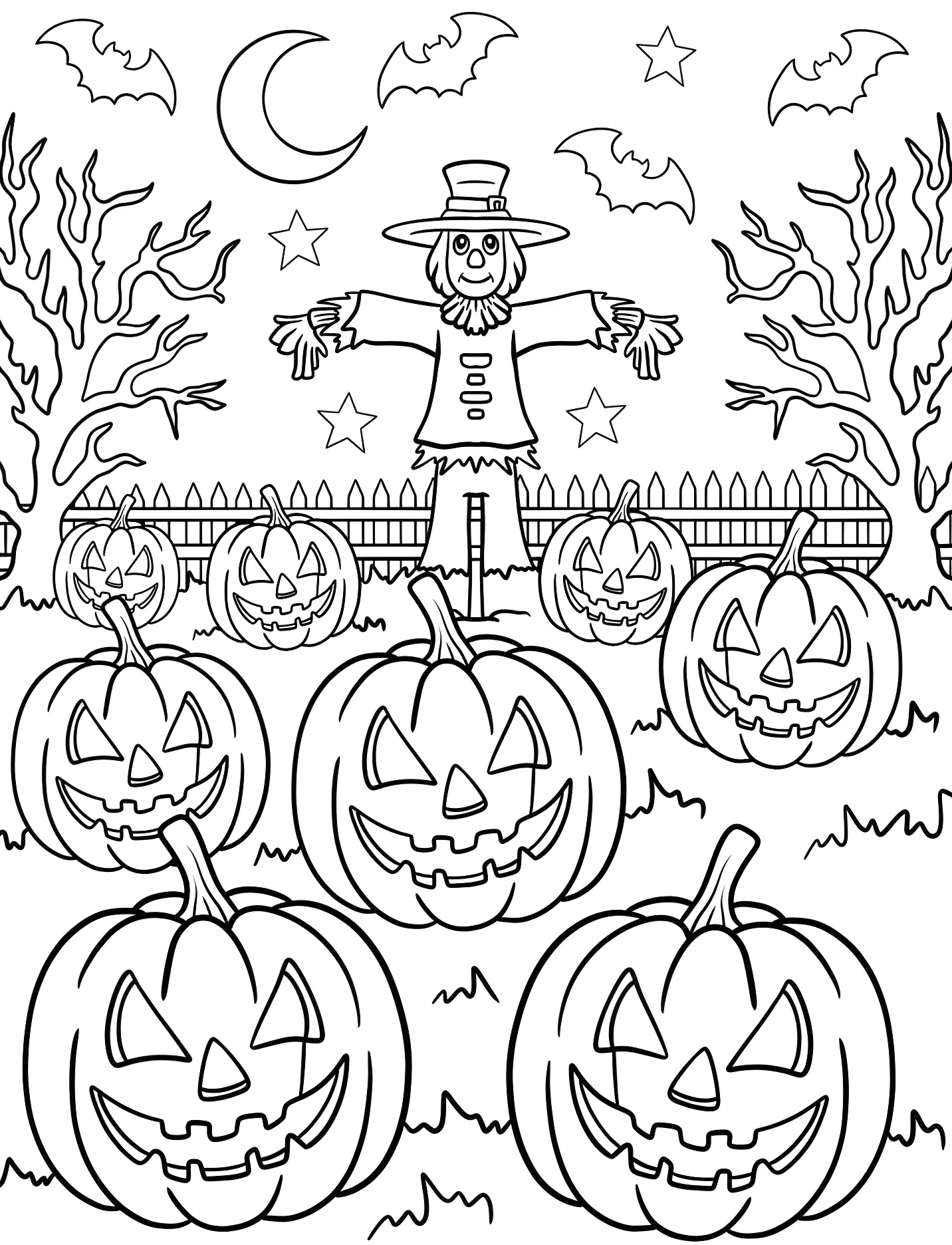 Веселый Scarecrow в тыквенной роще для детей №17144. Хэллоуин (Halloween). Светильники Джека.