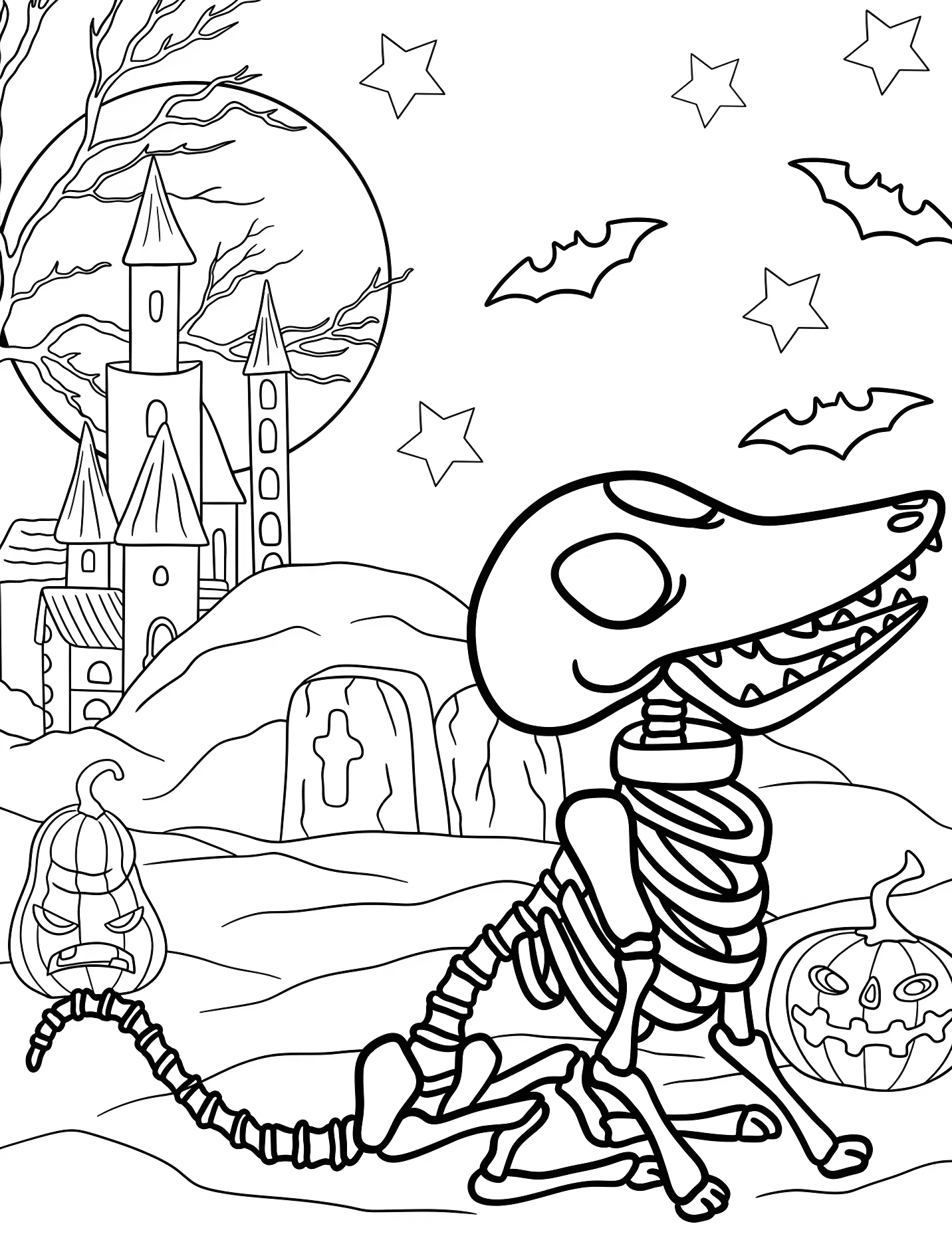 Скелет собаки среди тыкв для детей №16682. Хэллоуин (Halloween). Труп Невесты (Corpse Bride).