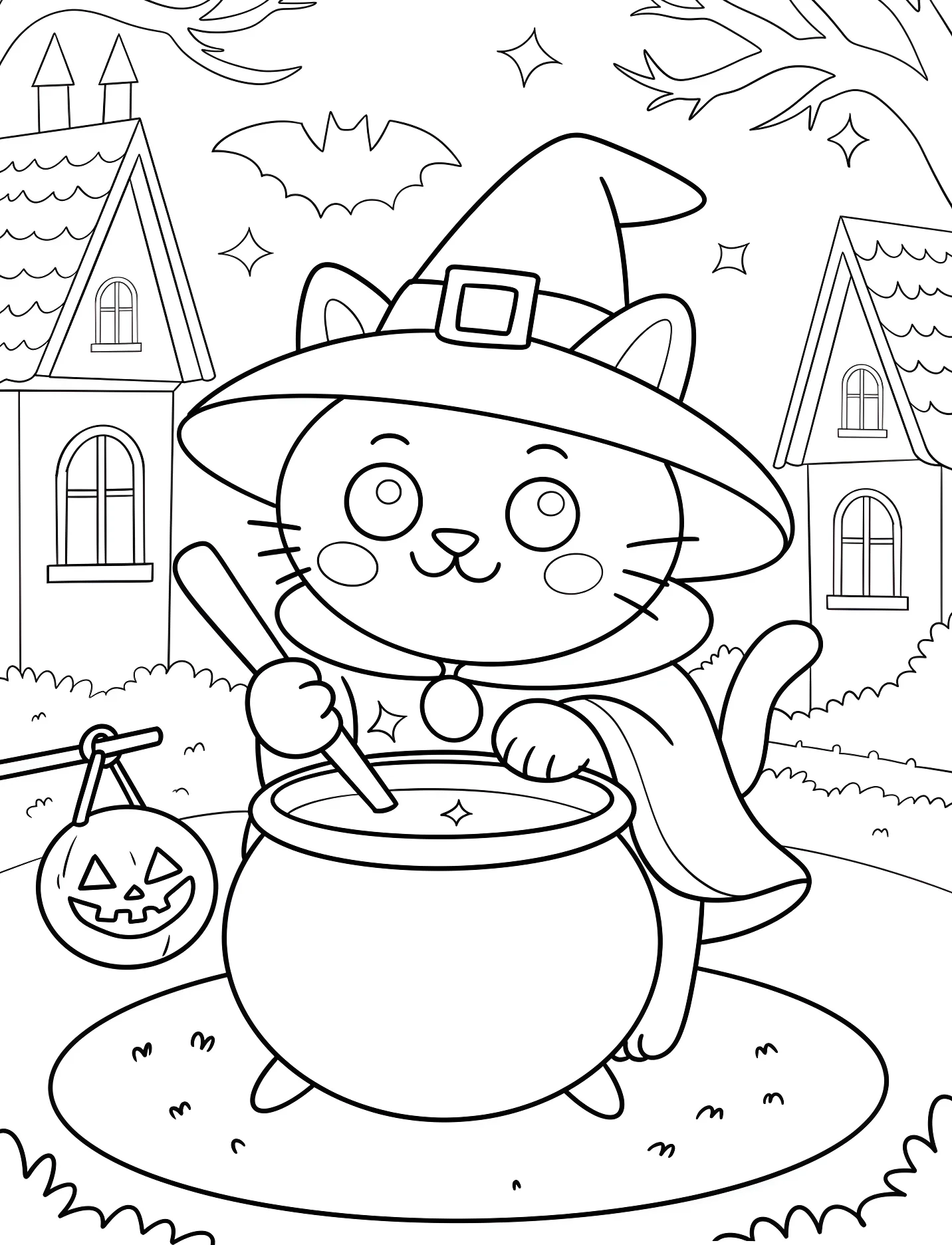 Забавный котёнок-ведьмочка готовит зелье №16914. Хэллоуин (Halloween). Хэллоуинские кошки.