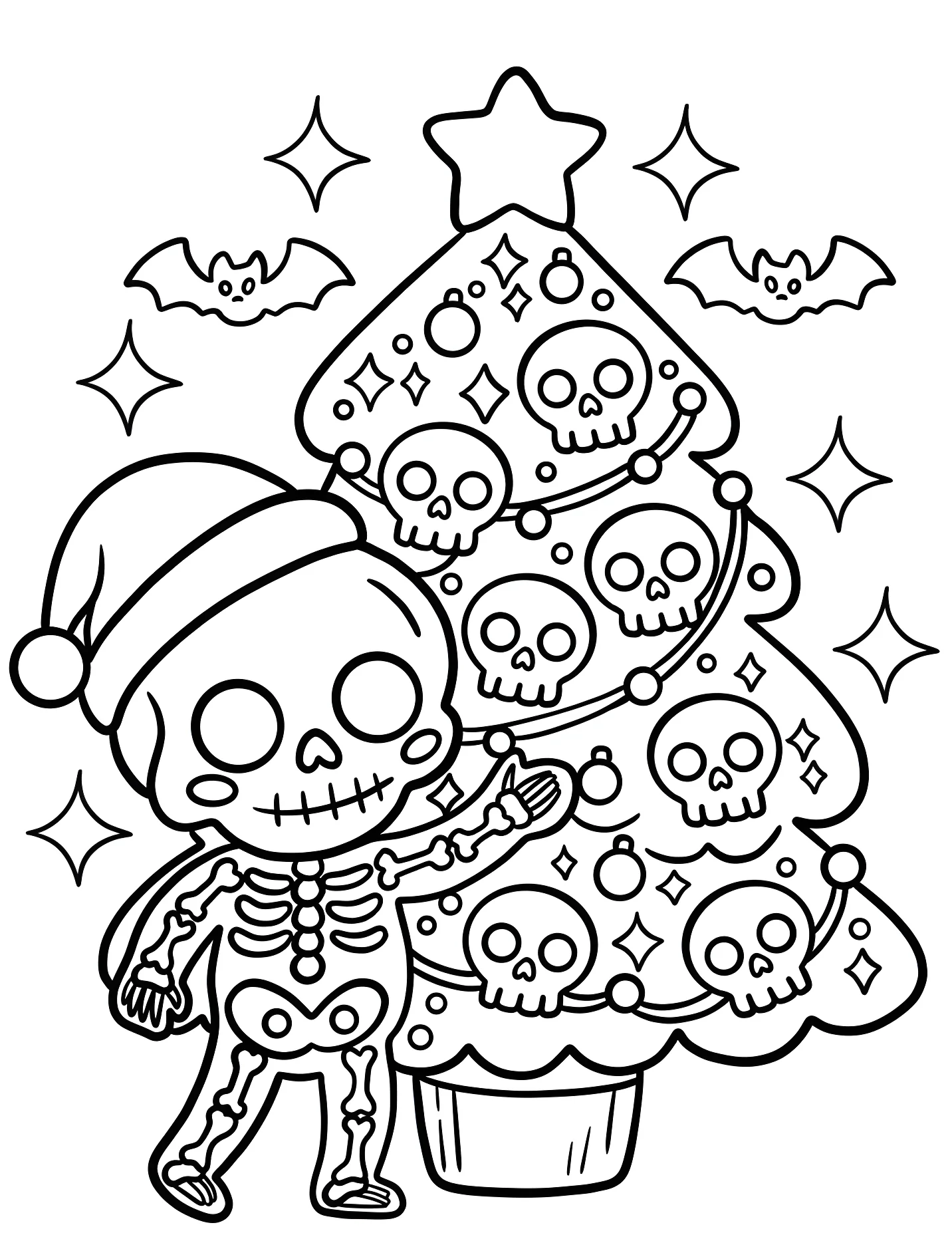 Весёлый скелет украшает ёлку с черепами №17593. Хэллоуин (Halloween). Скелеты.