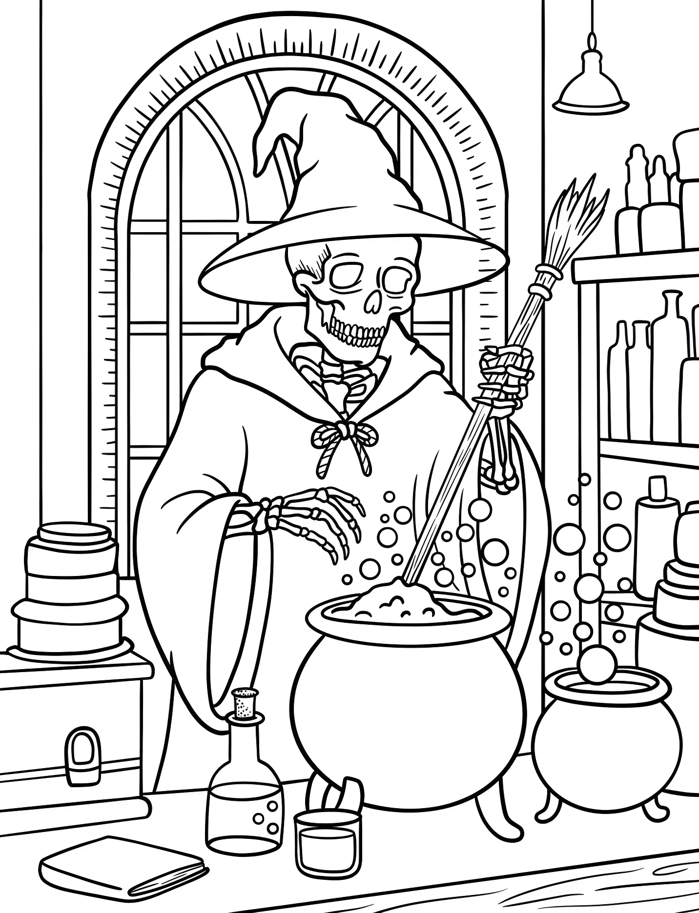 Веселый скелет-колдун и волшебный котел №17601. Хэллоуин (Halloween). Скелеты.