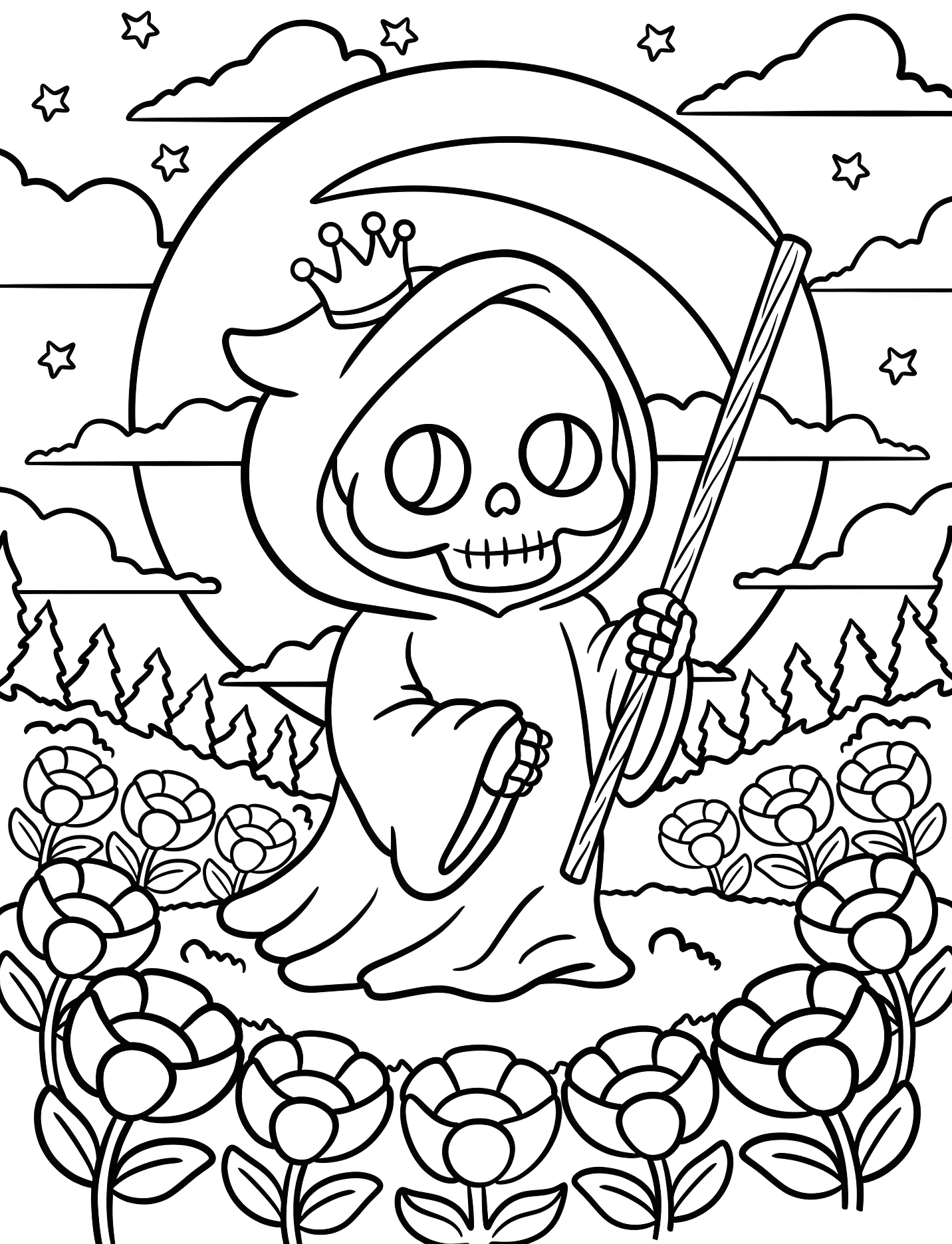 Милый Смерть с короной в цветочном поле №16897. Хэллоуин (Halloween). Мрачный жнец.