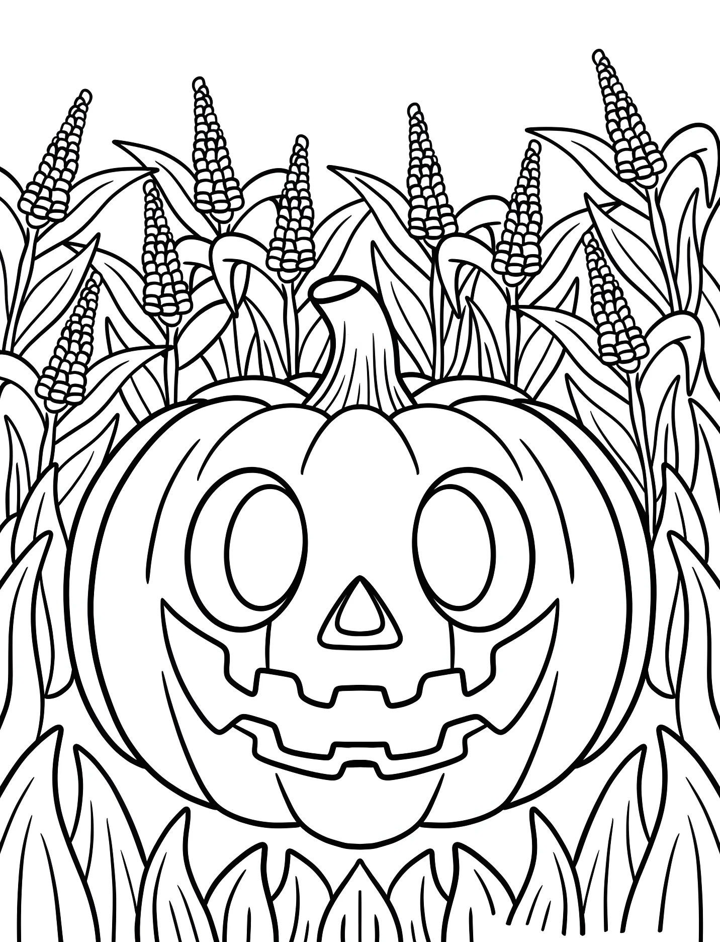 Забавная тыква среди кукурузы для детей №17149. Хэллоуин (Halloween). Светильники Джека.
