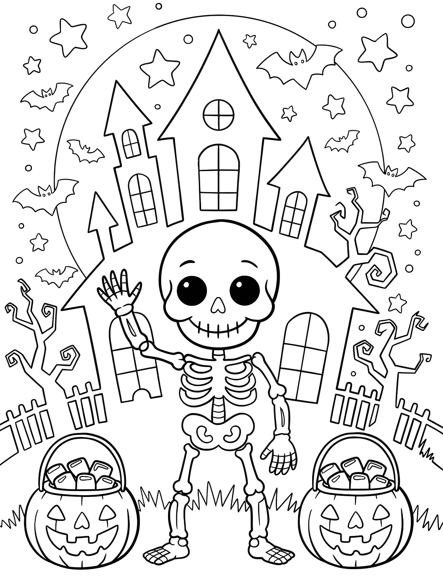 Весёлый скелет на Хэллоуин для детей №17015. Хэллоуин (Halloween). Дом с привидениями.
