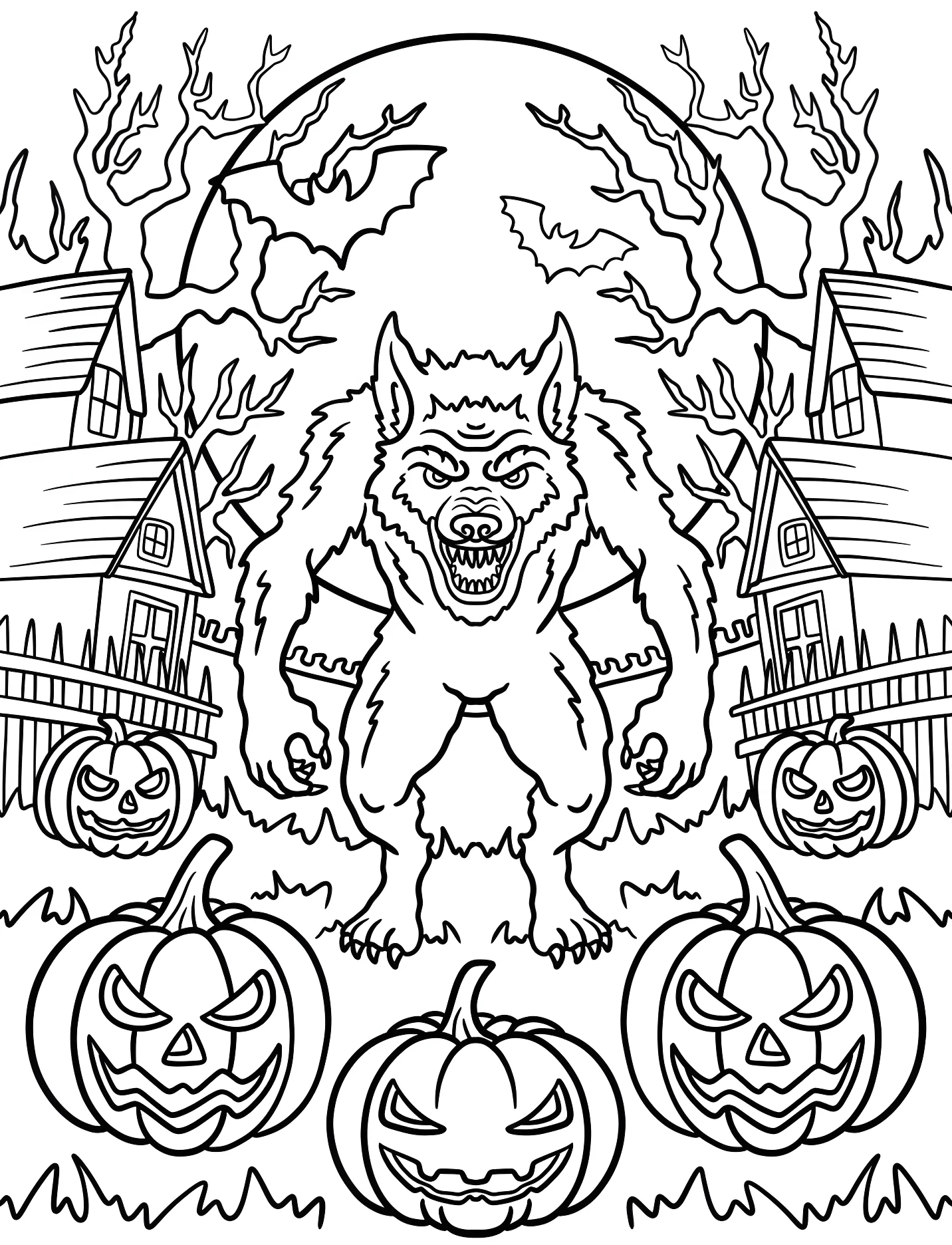Оборотень в деревне с тыквами для детей №17788. Хэллоуин (Halloween). Оборотни.