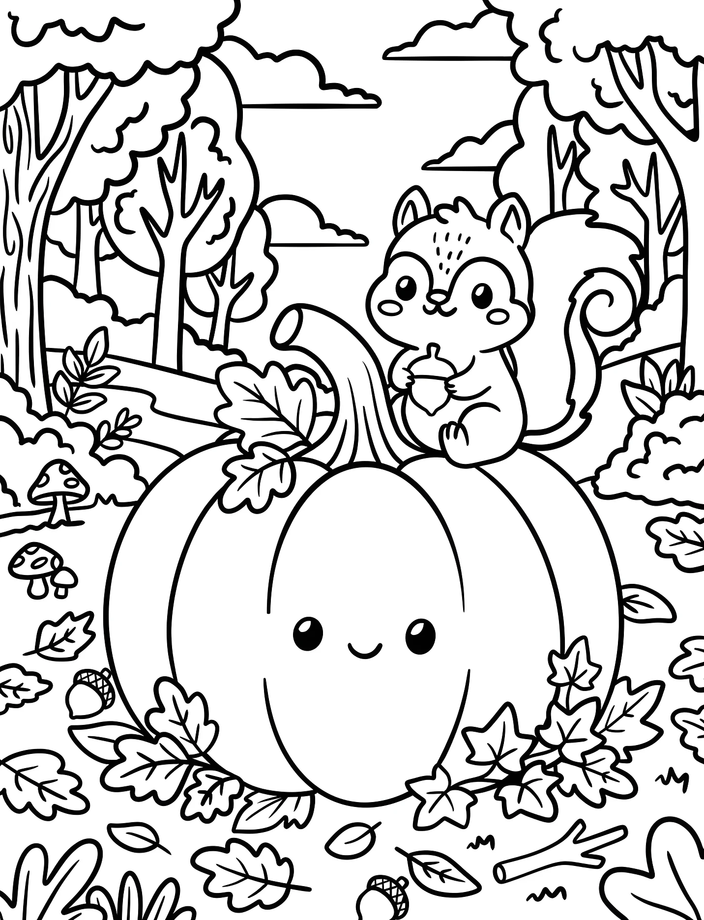 Забавный бельчонок и тыква для детей №17475. Хэллоуин (Halloween). Тыквы.