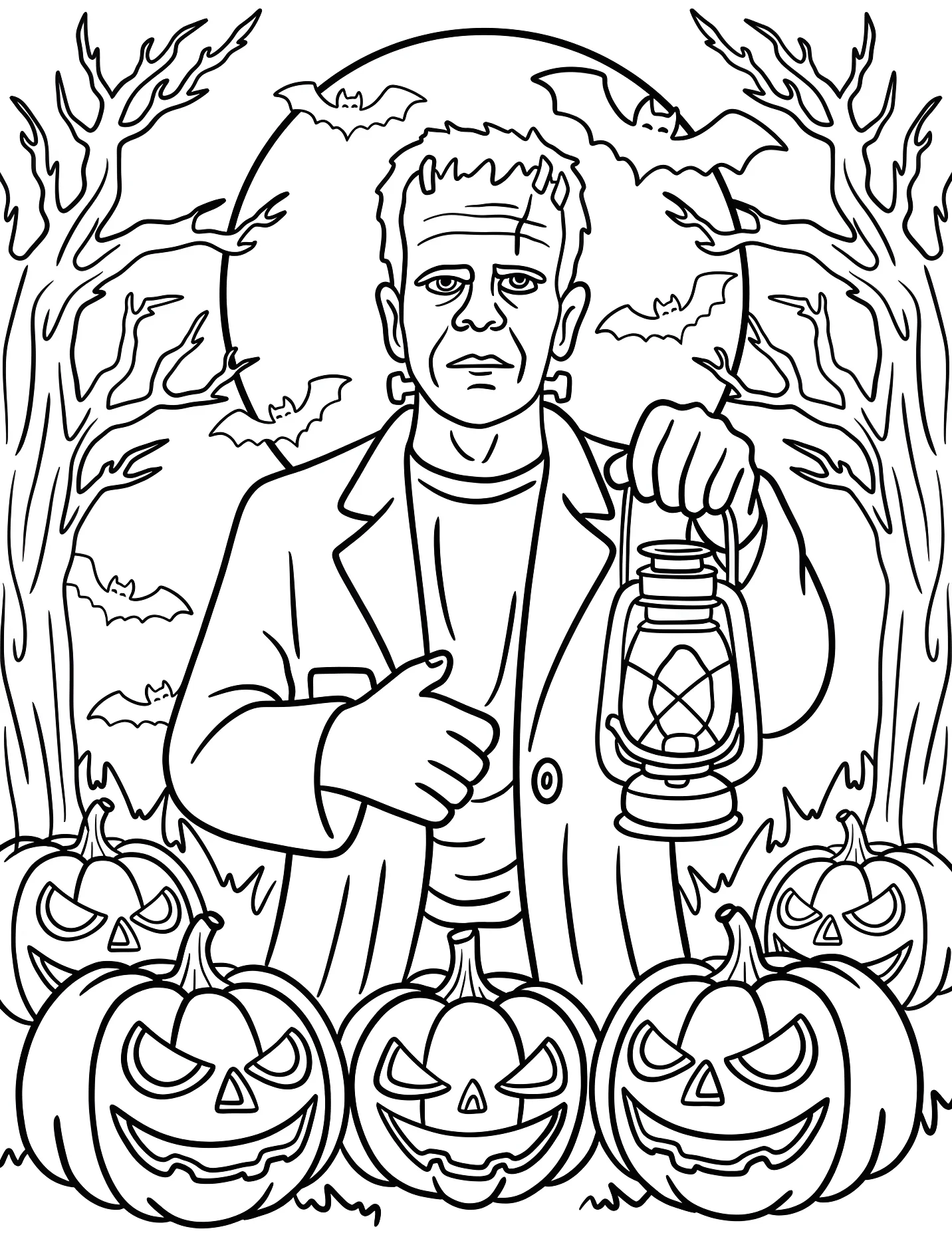 Жуткий Франкенштейн с фонарем и тыквами №16752. Хэллоуин (Halloween). Франкенштейн.