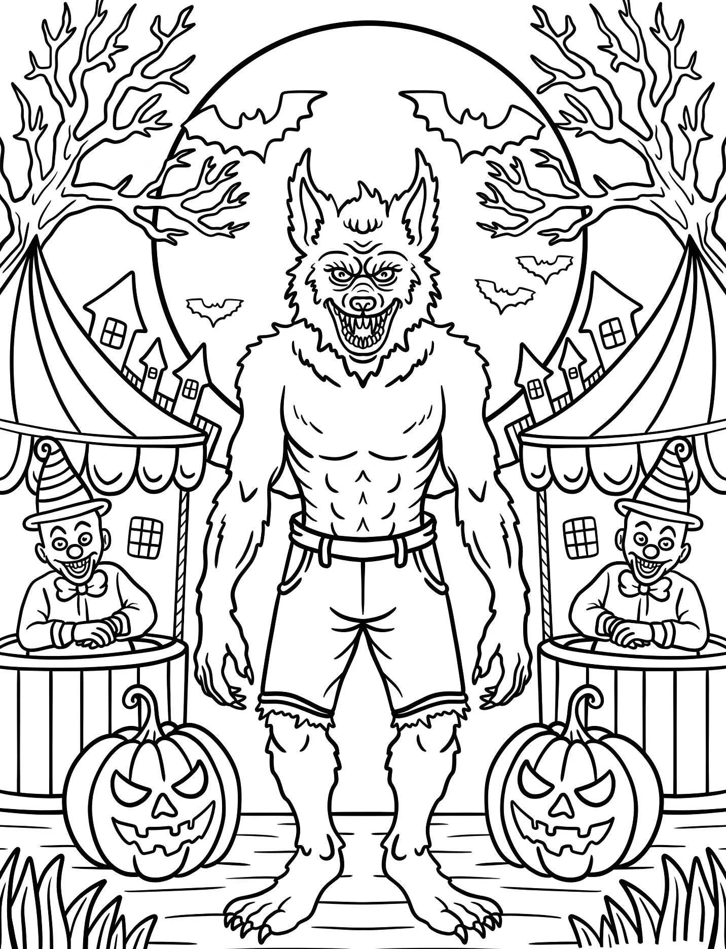Жуткий оборотень на карнавале с клоунами №17790. Хэллоуин (Halloween). Оборотни.