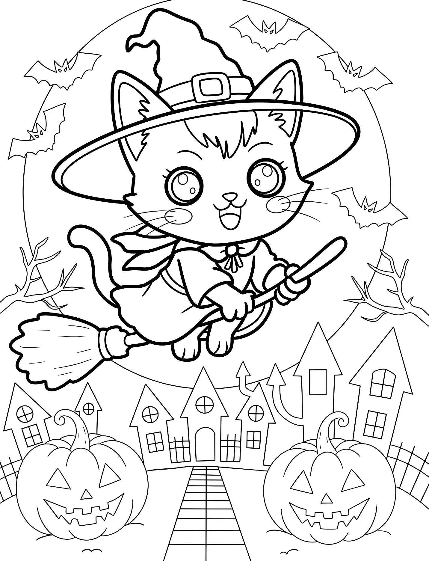 Милый котенок ведьма летит на метле №16919. Хэллоуин (Halloween). Хэллоуинские кошки.