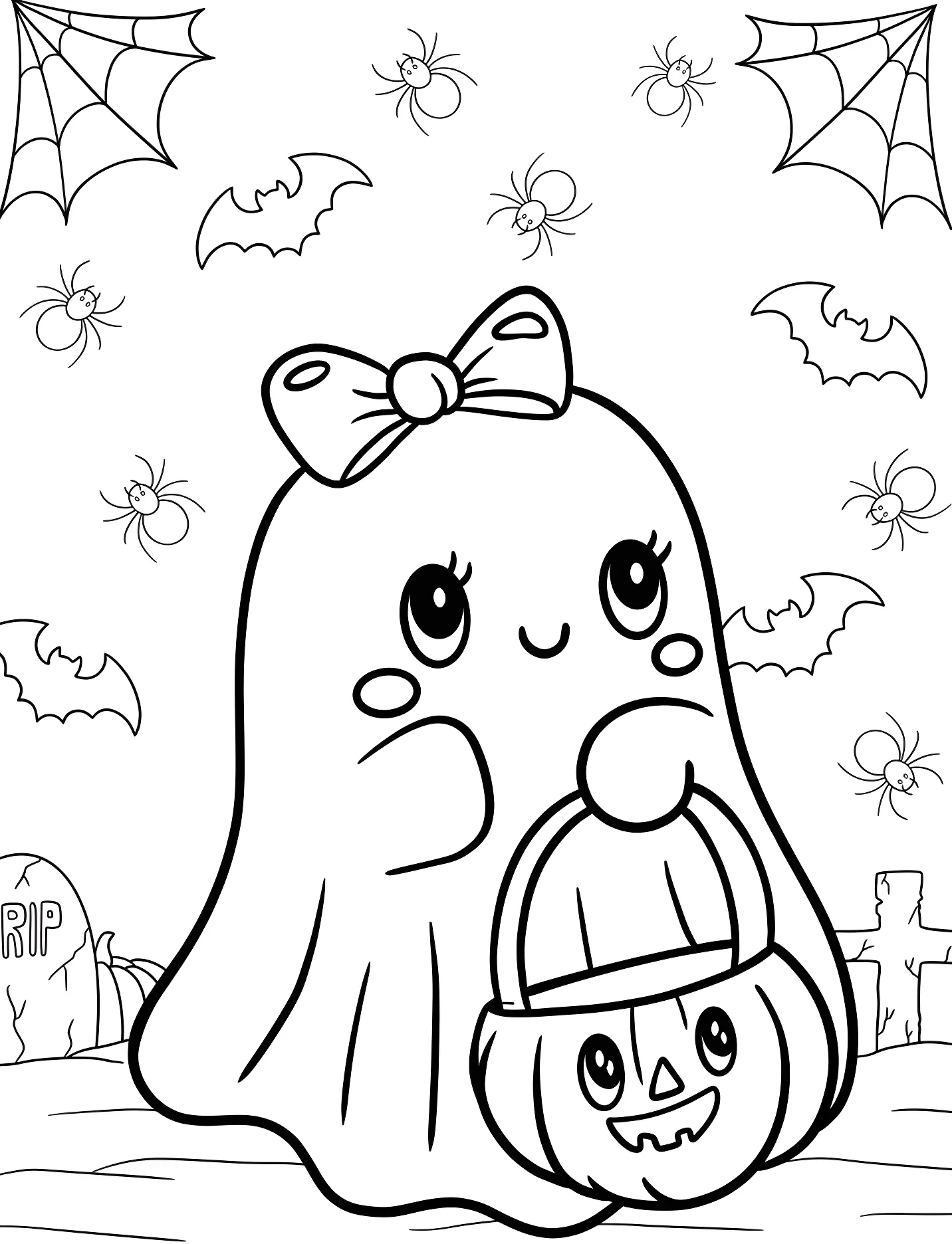 Милый призрак с бантиком и тыквой для детей №16810. Хэллоуин (Halloween). Привидения.