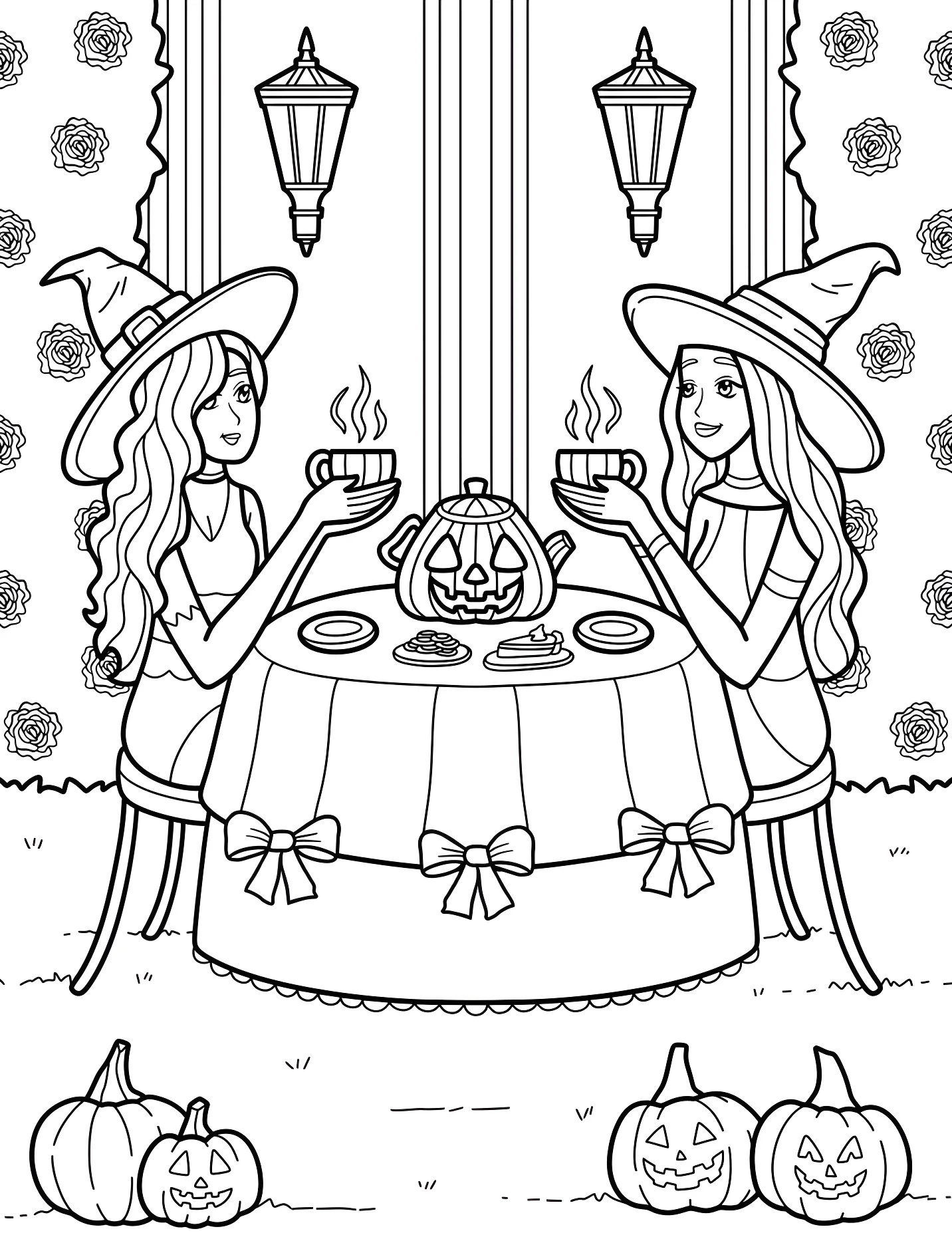 Две ведьмы пьют чай на Хэллоуин №17816. Хэллоуин (Halloween). Ведьмы.