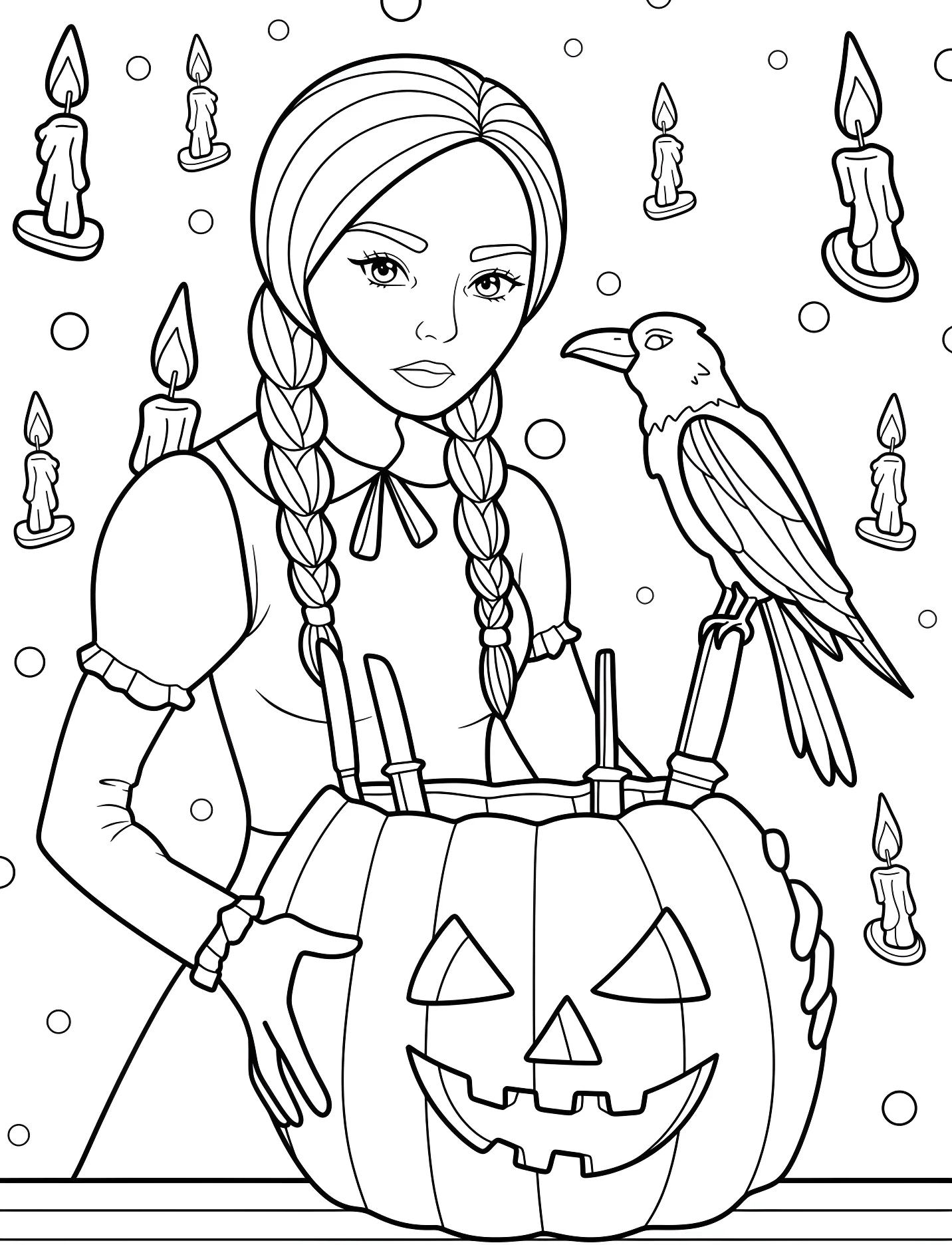 Уэнсдей с тыквой и вороном для детей №17767. Хэллоуин (Halloween). Уэнсдей (Wednesday).
