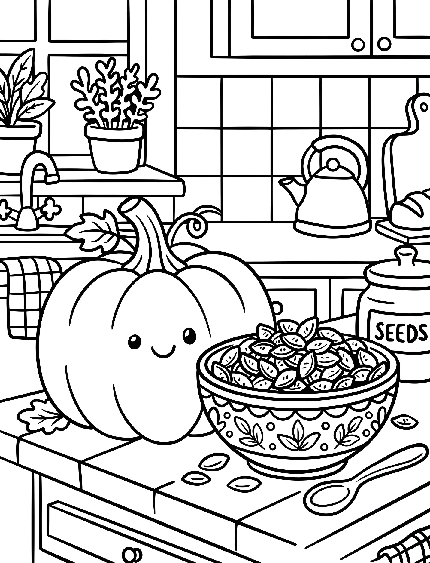 Забавная тыква на кухонном столе для детей №17486. Хэллоуин (Halloween). Тыквы.