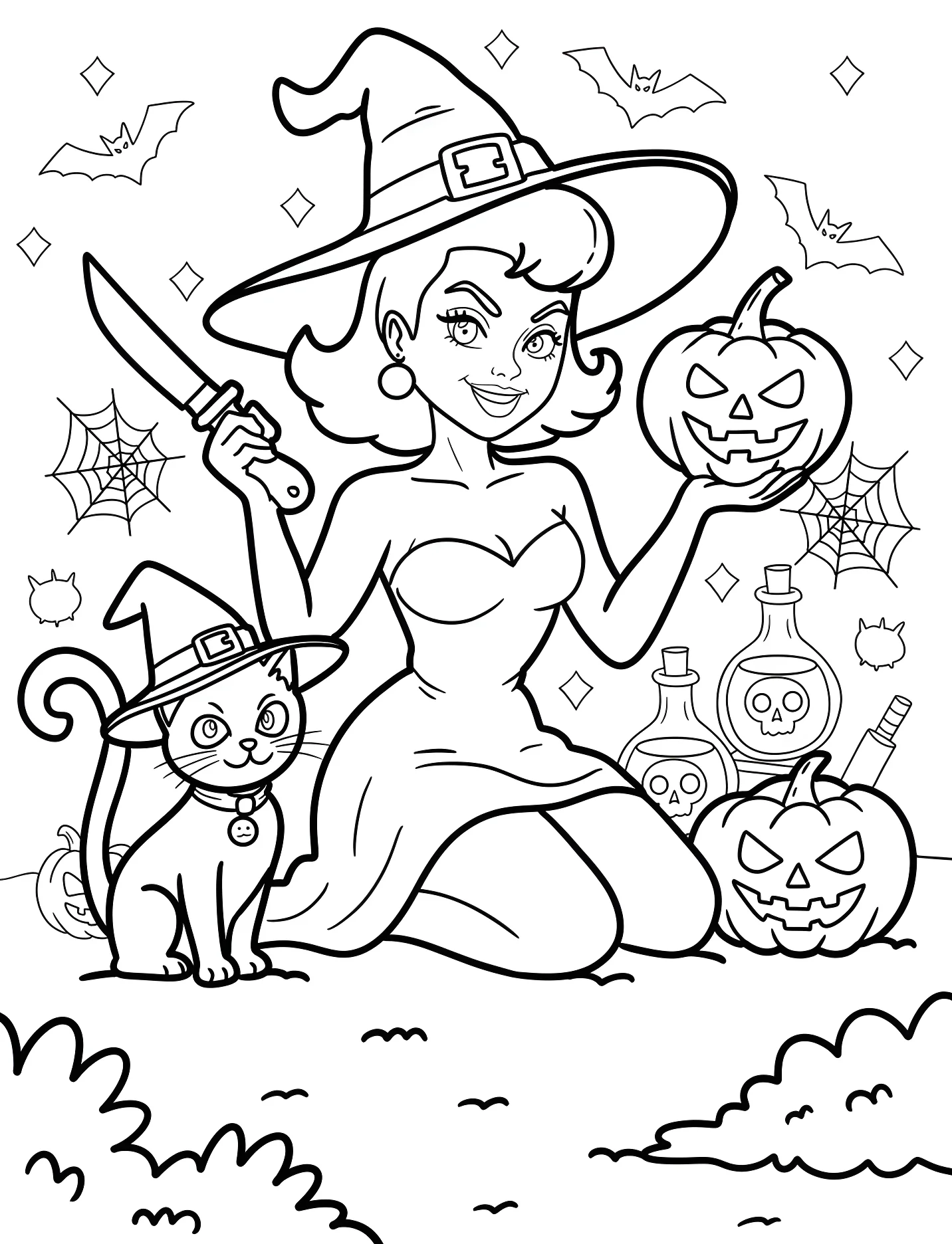 Веселая ведьма с котенком и тыквой для детей №16921. Хэллоуин (Halloween). Хэллоуинские кошки.