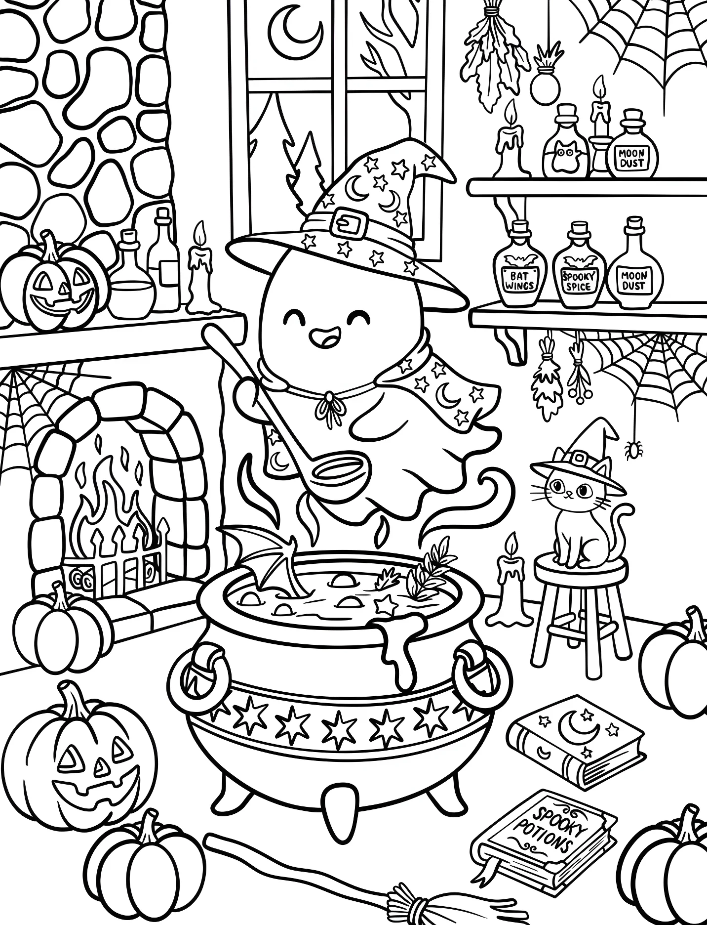 Веселая ведьма и призрак варят зелье для детей №16813. Хэллоуин (Halloween). Привидения.
