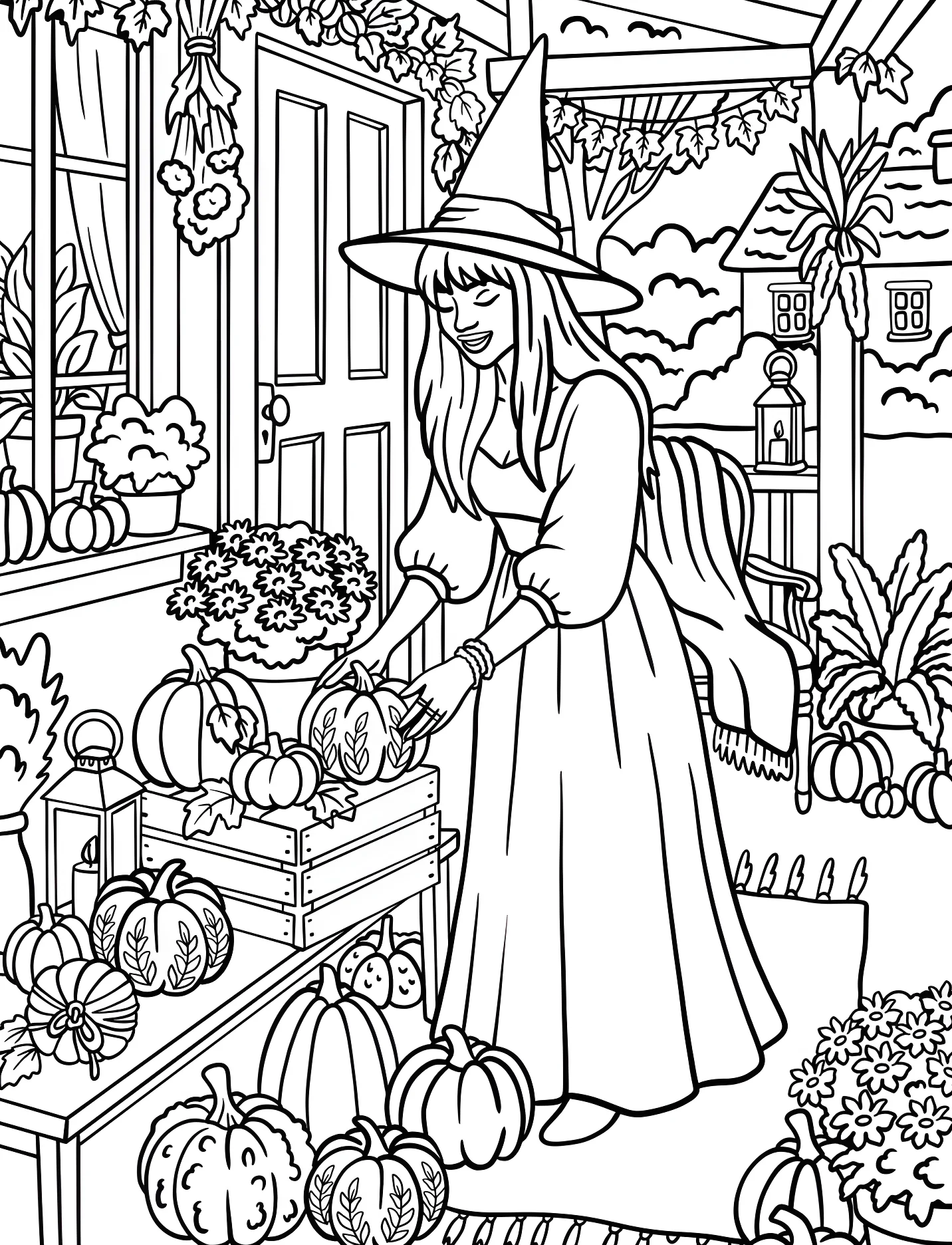 Веселая ведьма украшает крыльцо тыквами №17823. Хэллоуин (Halloween). Ведьмы.