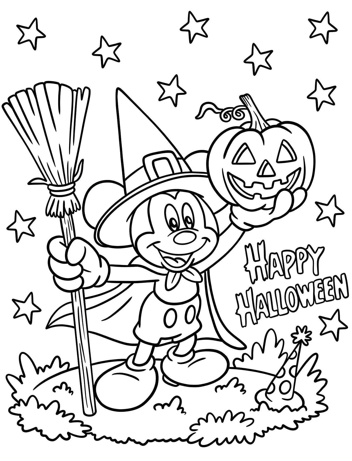 Микки Маус ведьмак с метлой и тыквой для детей №16720. Хэллоуин (Halloween). Хэллоуин Дисней.