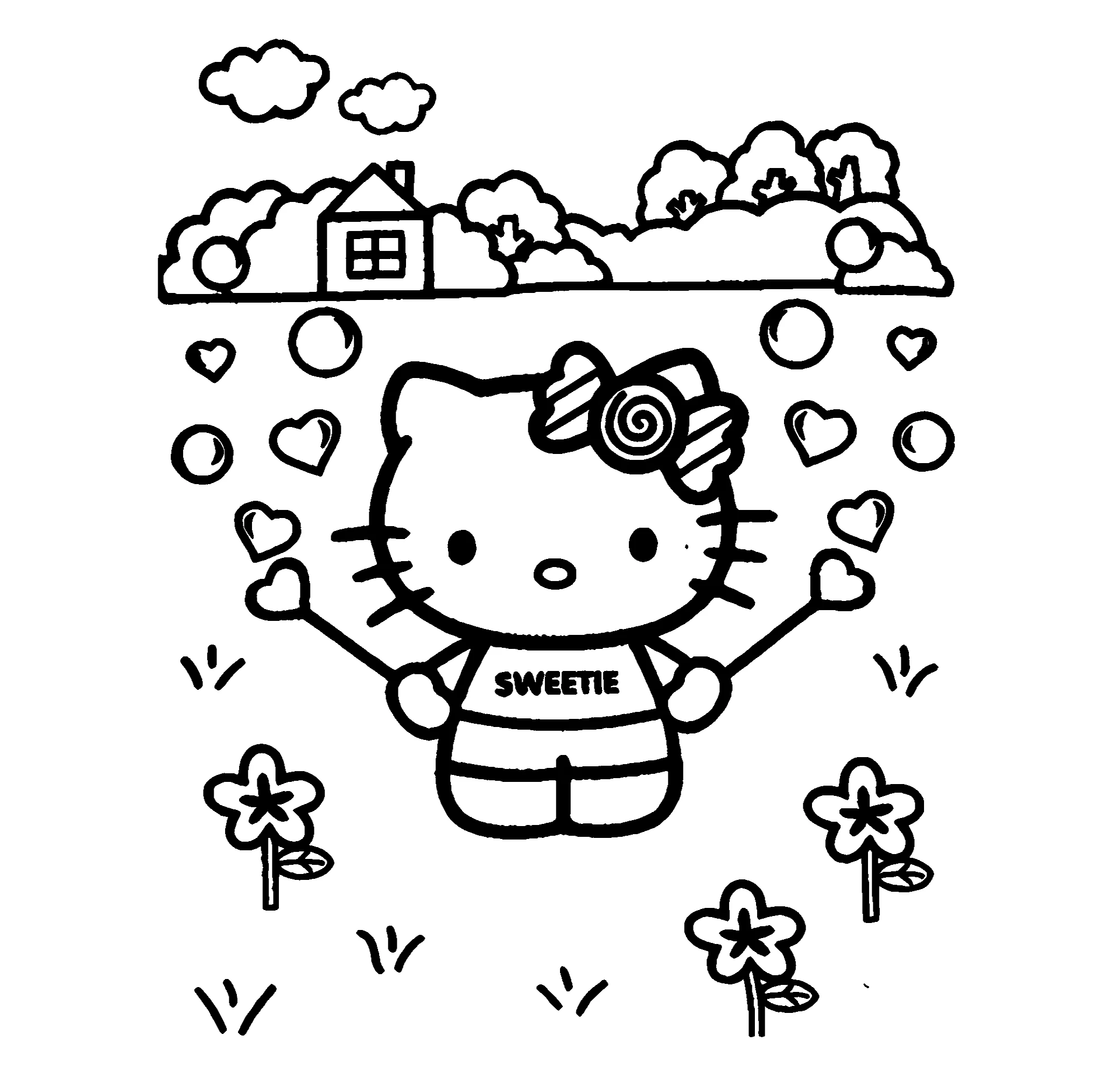 Kitty на природе, раскраска для детей №9639. Популярные раскраски. Хелло Китти.