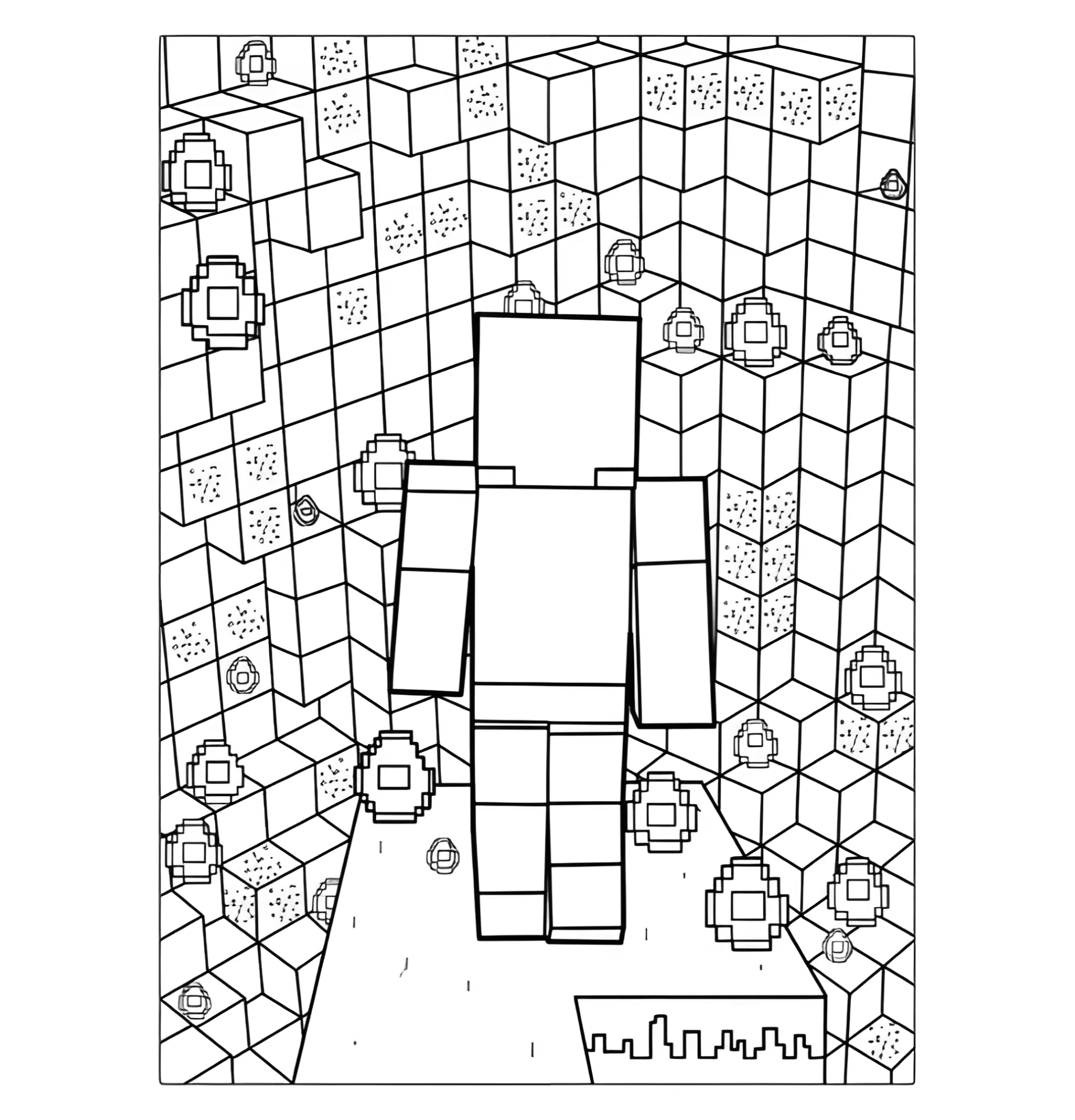 Стив в пещере с алмазами №3335. Раскраски из игр. Майнкрафт.