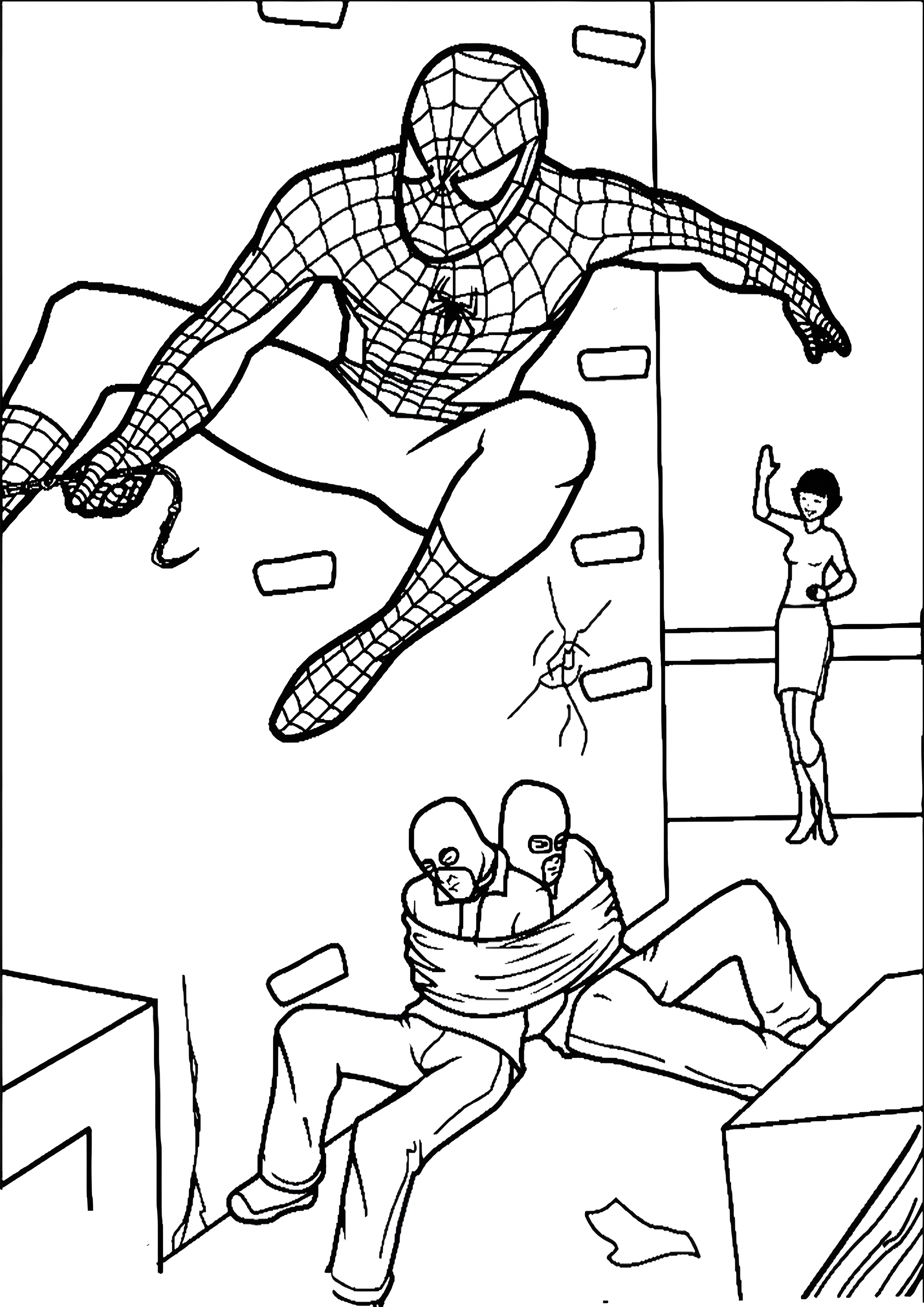 Spider-man связал преступников, раскраска для мальчиков 12–13 лет №1575. Раскраски из мультиков. Человек Паук.