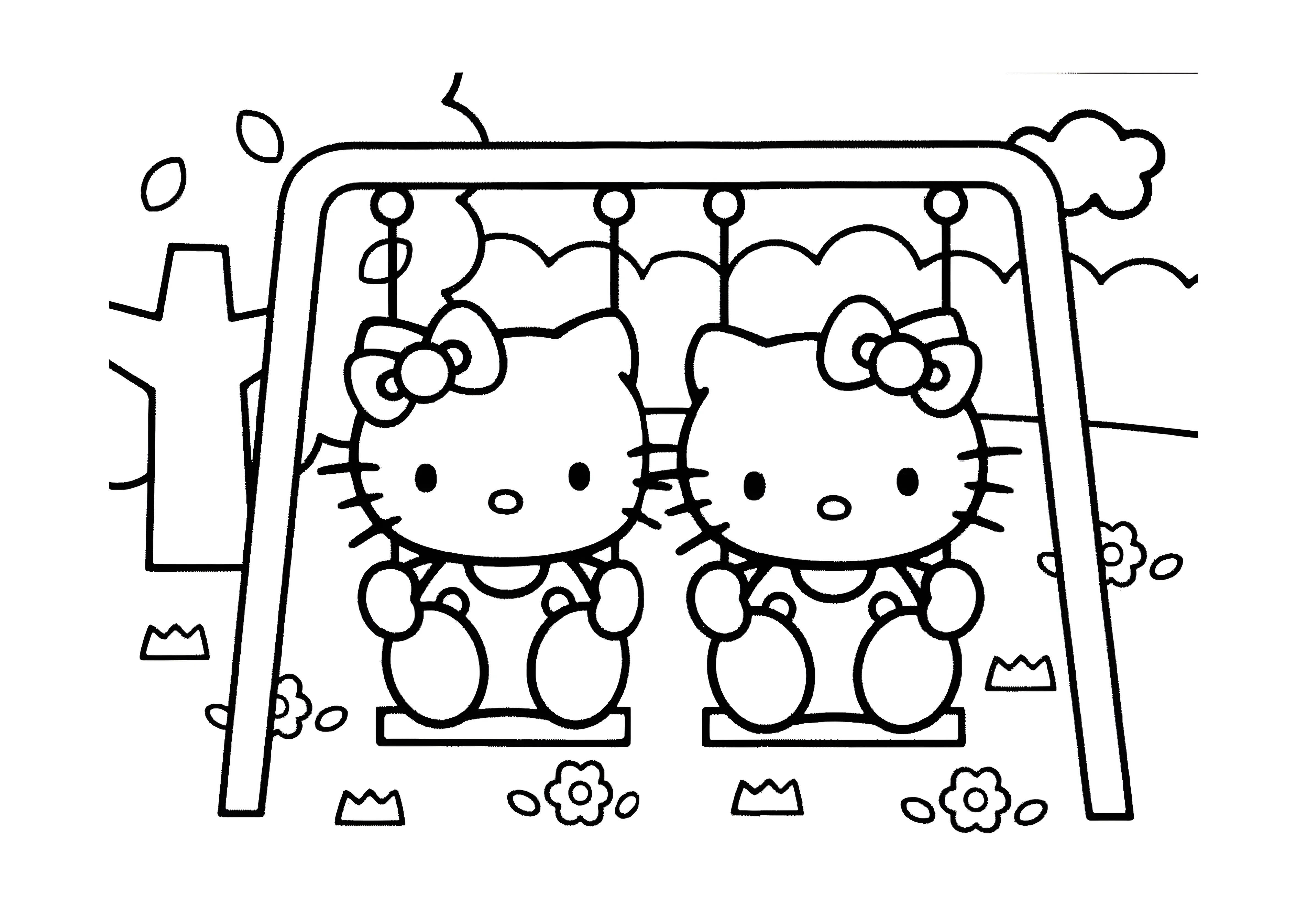 На качелях №2035. Раскраски из мультиков. Хелло Китти (Hello Kitty).
