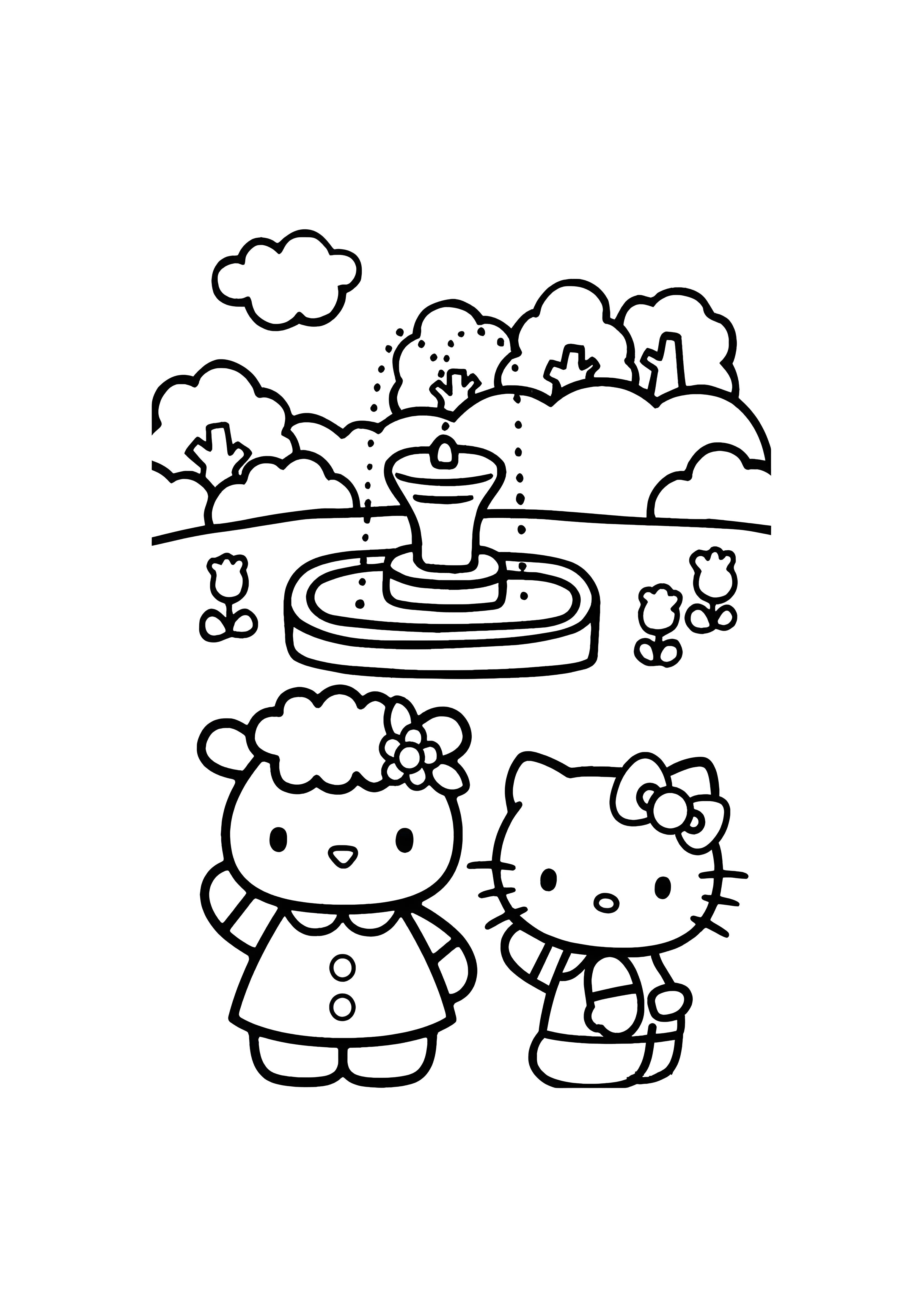 Прогулка у фонтана №2122. Раскраски из мультиков. Хелло Китти (Hello Kitty).