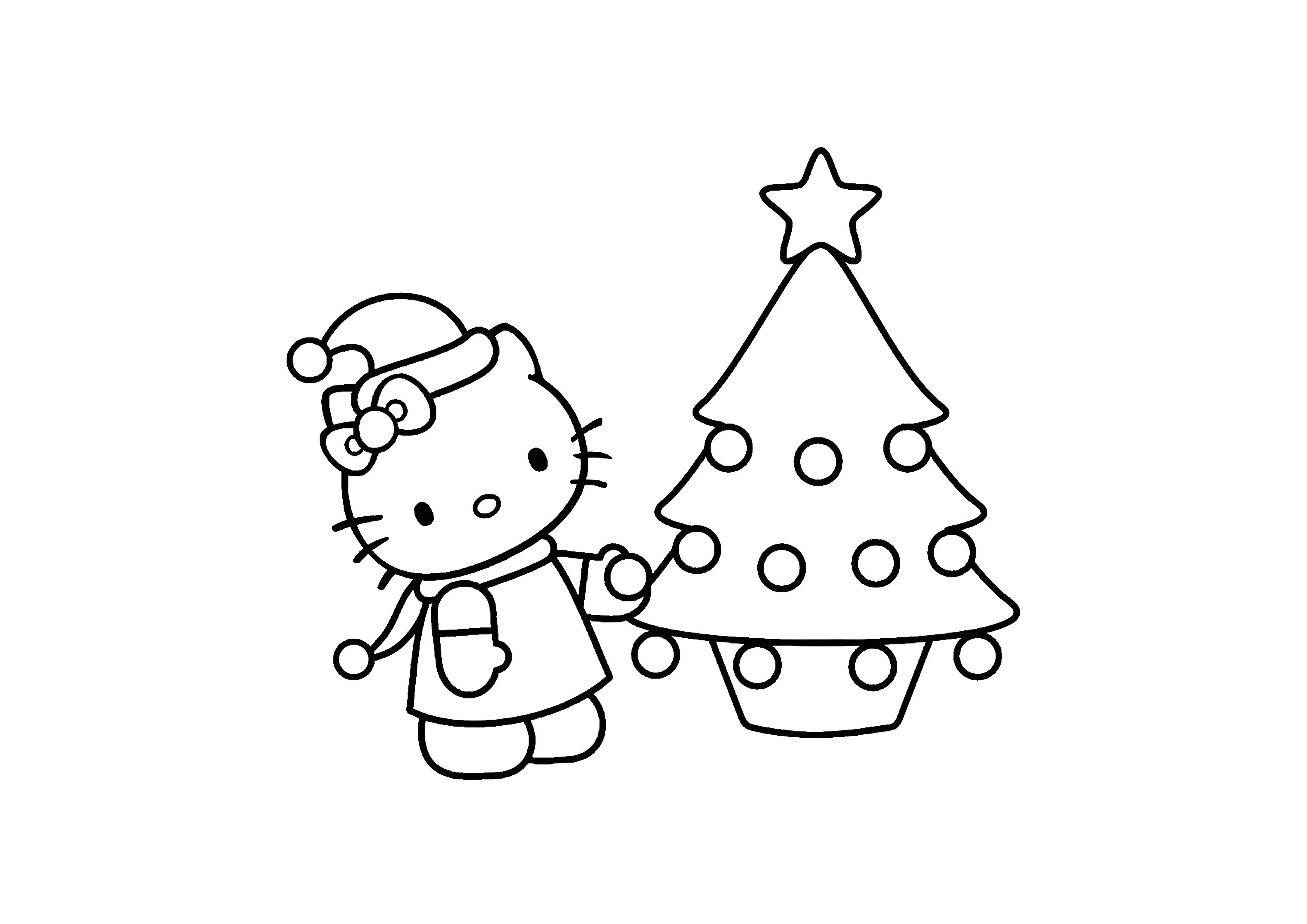 Хелло Китти и Новогодняя елочка, раскраска Хелло Китти (Hello Kitty №2091. Раскраски из мультиков. Хелло Китти (Hello Kitty).