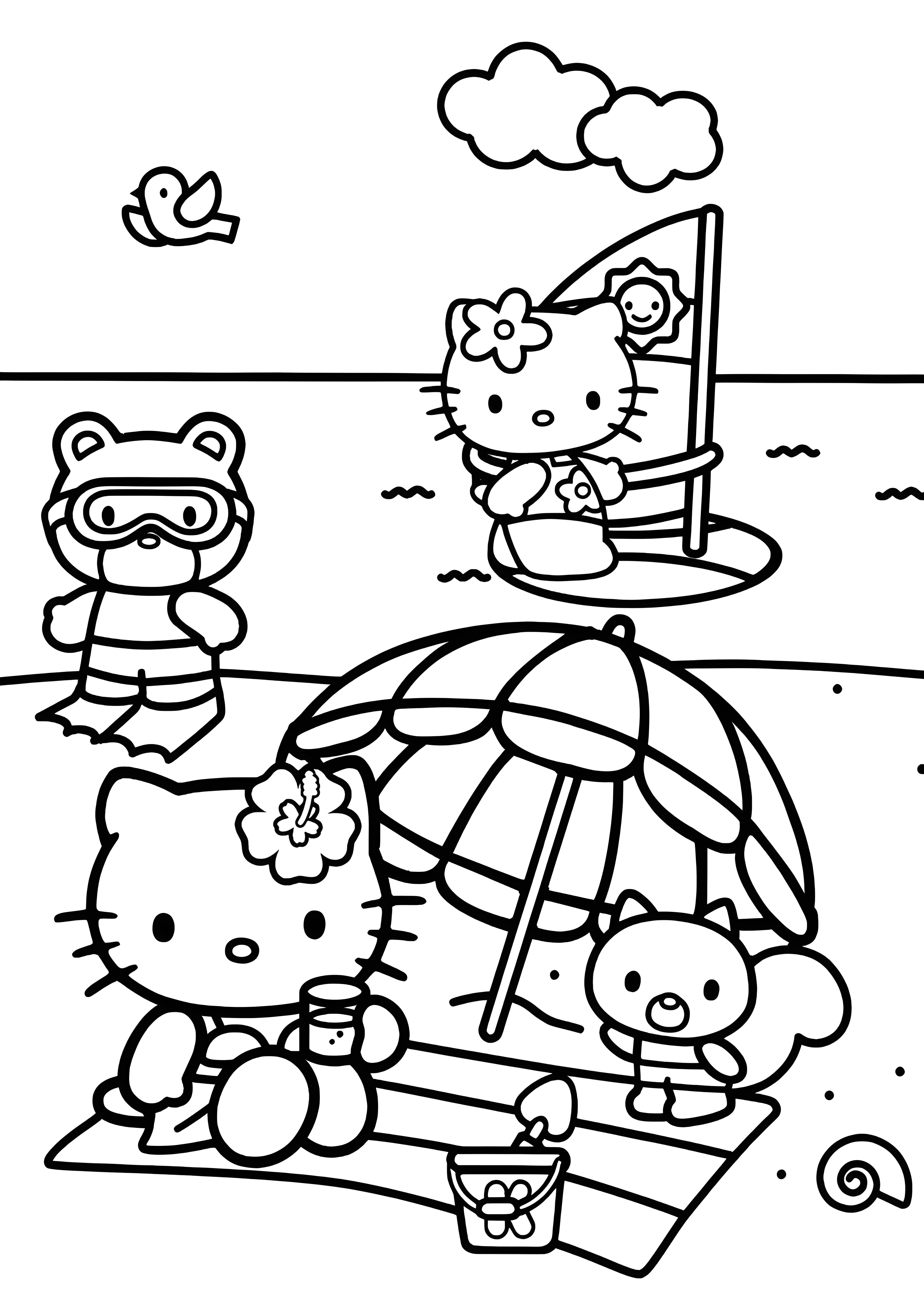 Хелло Китти с друзьями на пляже, раскраска Хелло Китти (Hello Kitty №2112. Раскраски из мультиков. Хелло Китти (Hello Kitty).