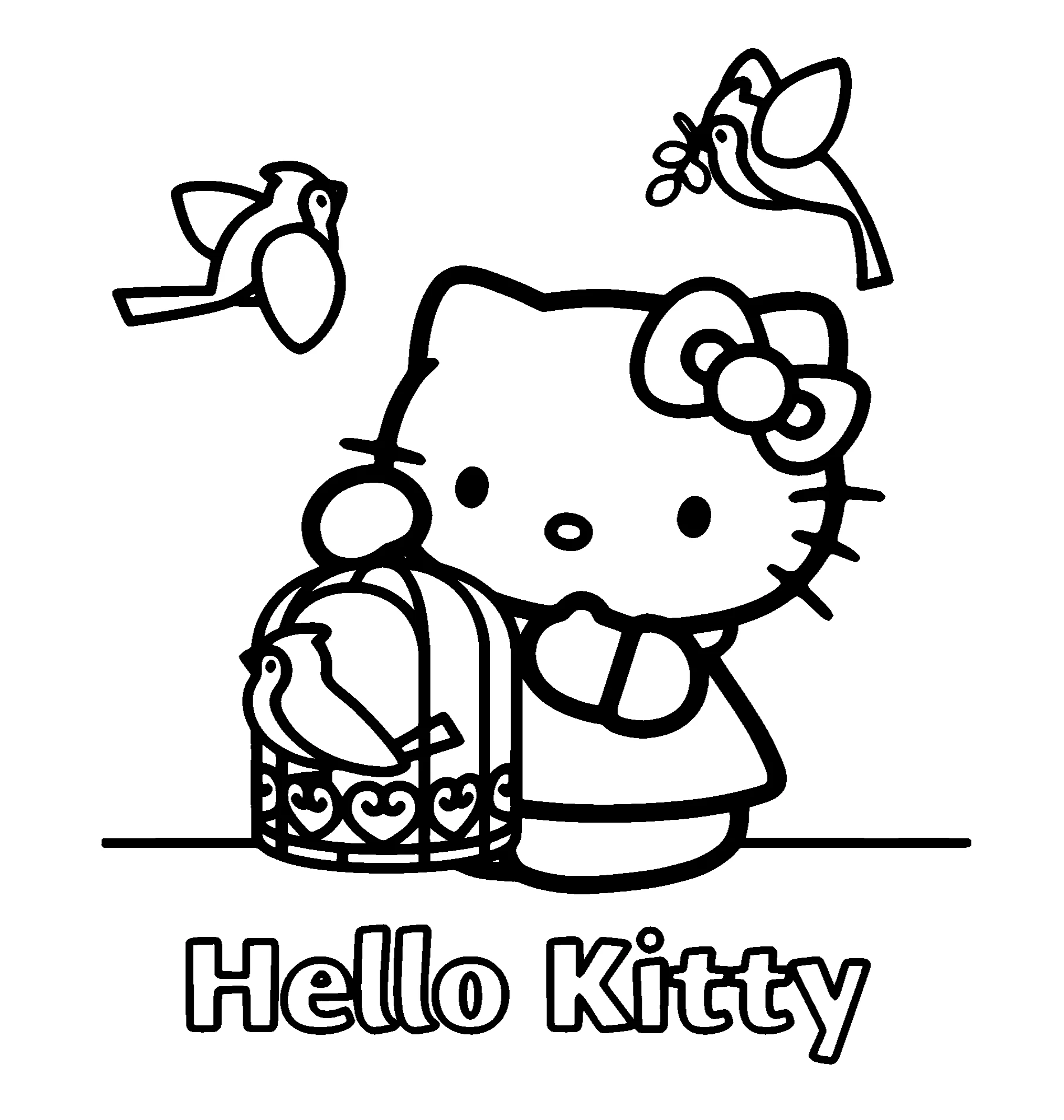 Хелло Китти с птичками №2208. Раскраски из мультиков. Хелло Китти (Hello Kitty).