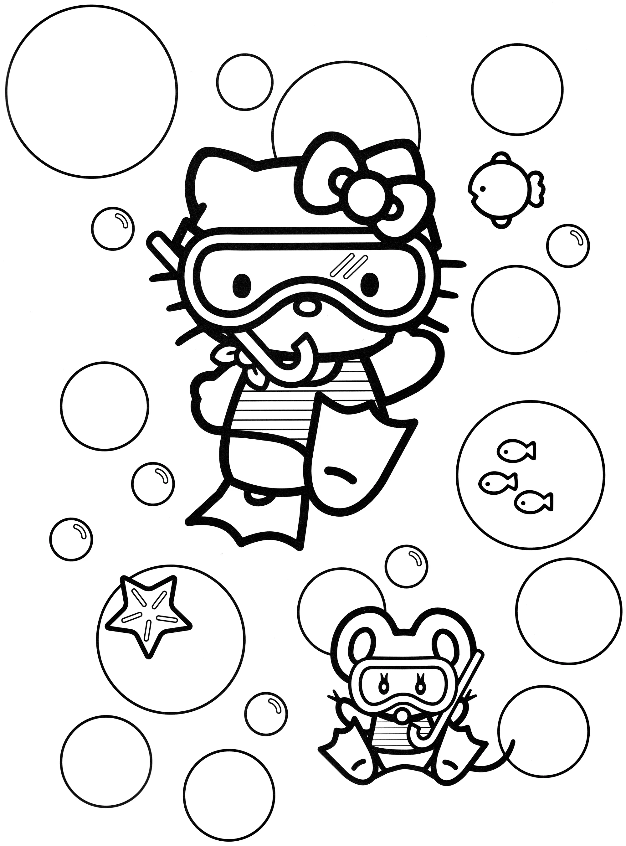 Китти и Джуди под водой №2140. Раскраски из мультиков. Хелло Китти (Hello Kitty).