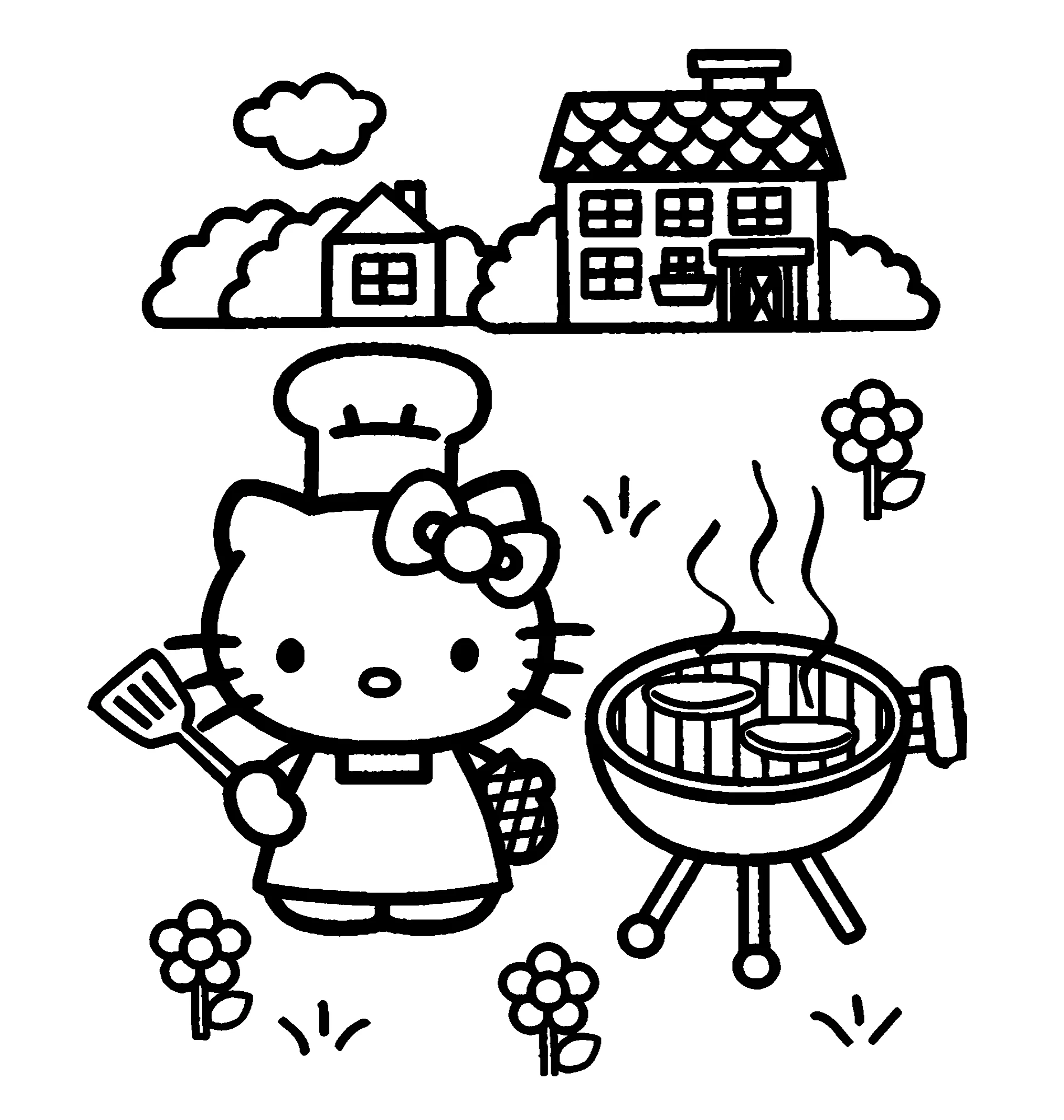 Kitty печёт лепёшки, раскраски с белой японской кошкой №2188. Раскраски из мультиков. Хелло Китти (Hello Kitty).