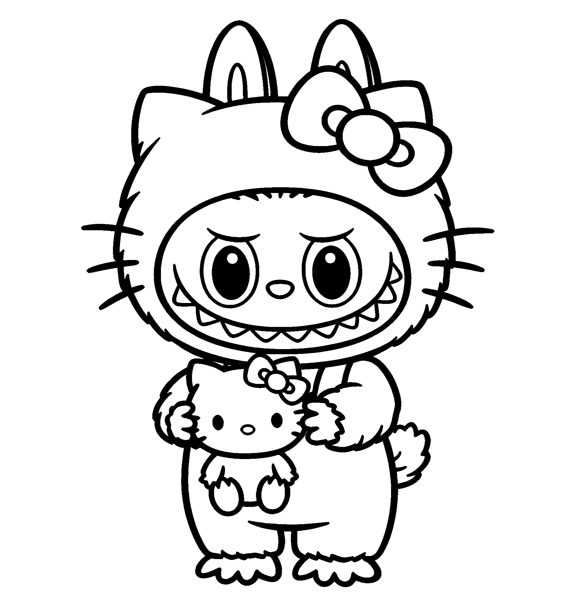 Лабубу Хеллоу Китти с игрушкой, раскраска для девочек с кошкой Hello Kitty №2160. Раскраски из мультиков. Хелло Китти (Hello Kitty).