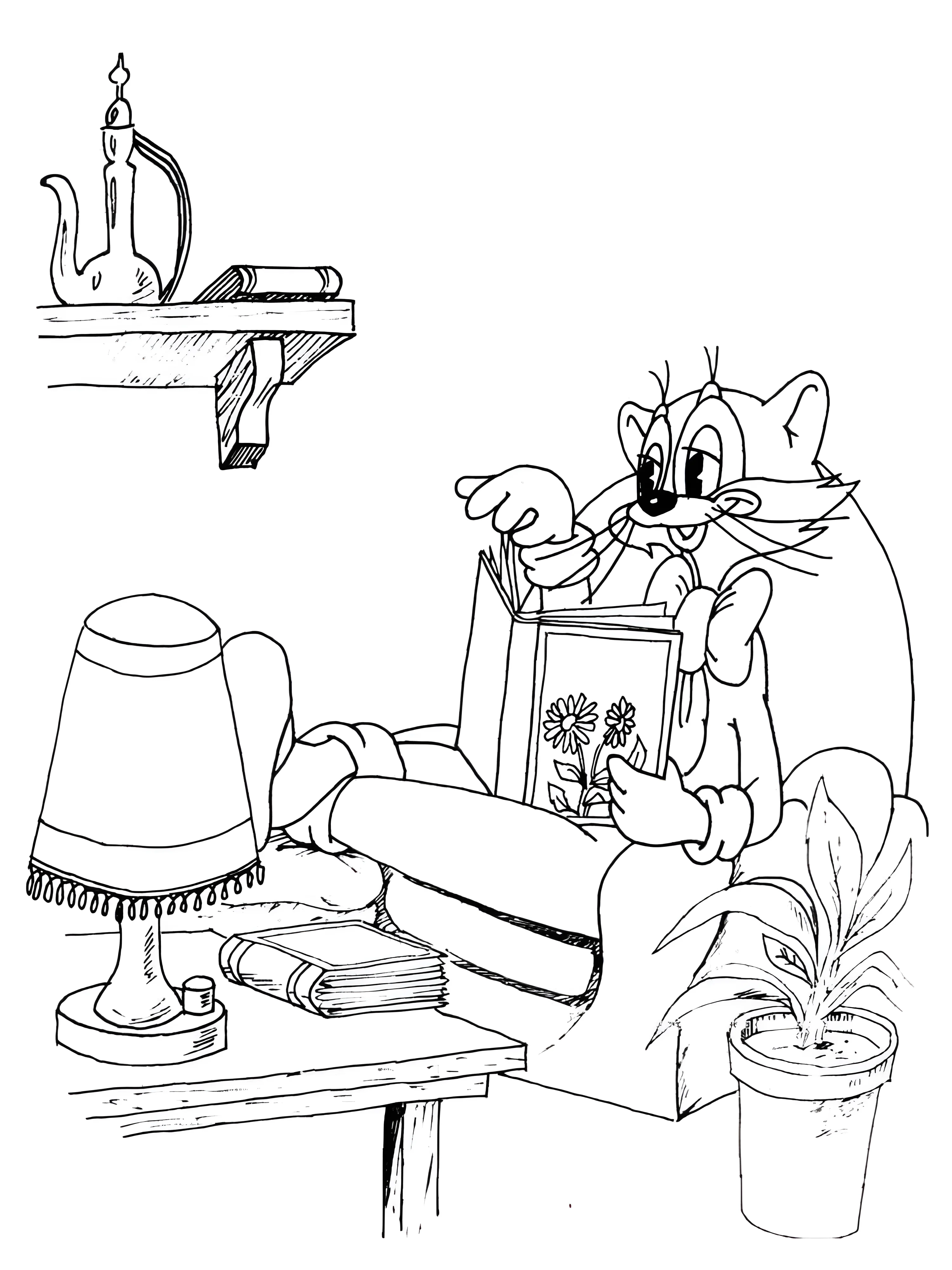 Кот читает книгу №4889. Раскраски из мультиков. Кот Леопольд.
