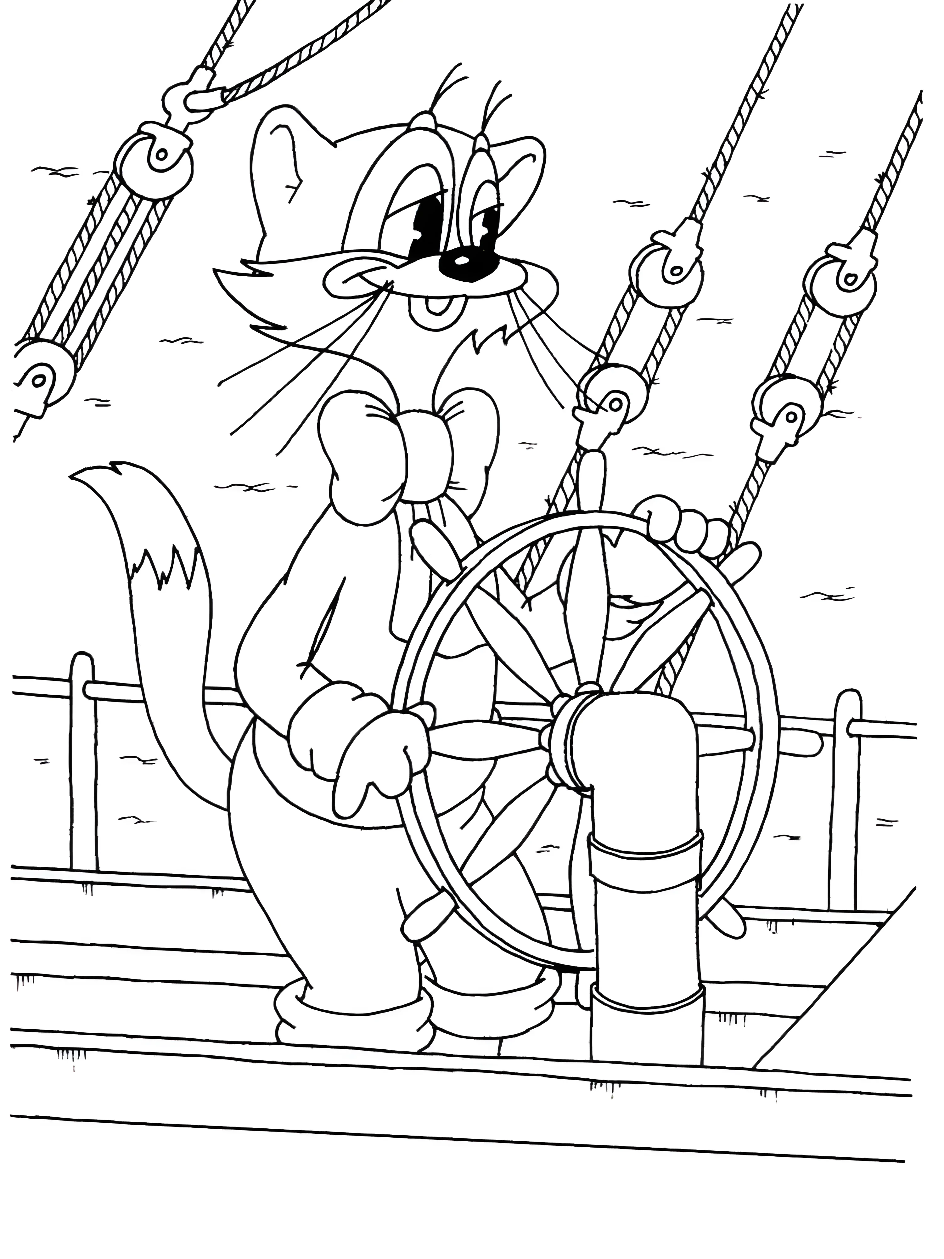 Котик за штурвалом корабля №4899. Раскраски из мультиков. Кот Леопольд.