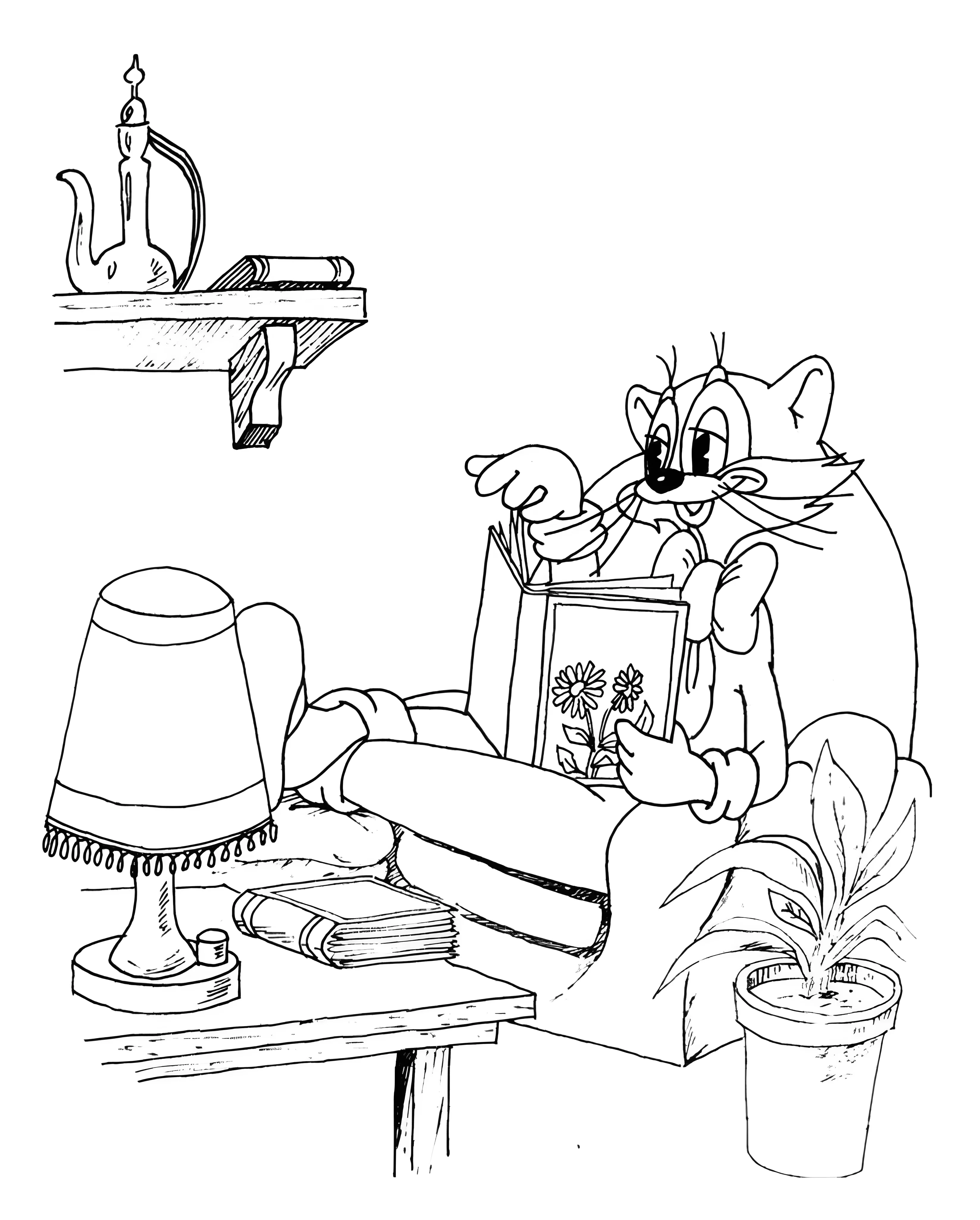 Кот Леопольд читает книгу №4879. Раскраски из мультиков. Кот Леопольд.