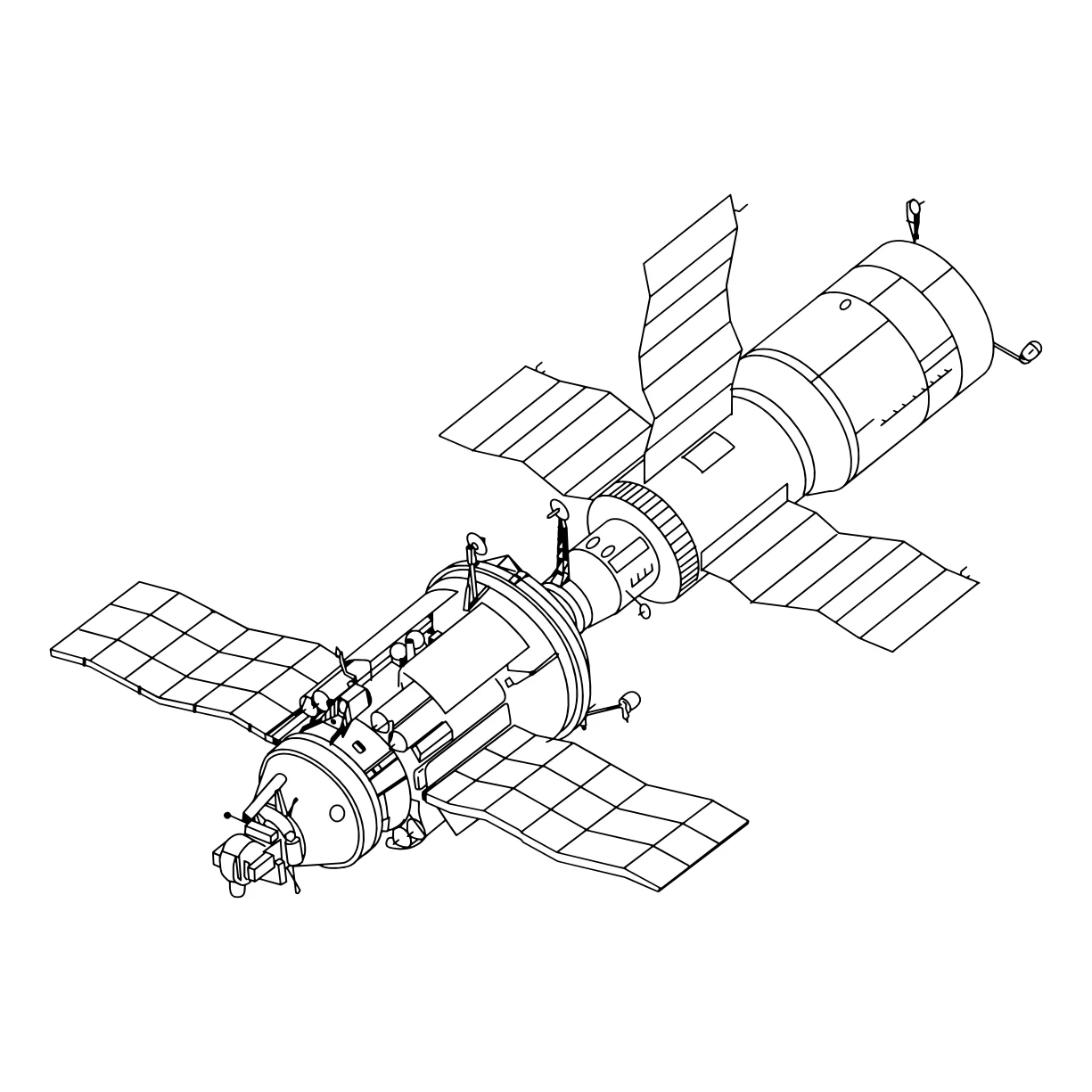 Салют 7 и ТКС Космос-1686 №8827. Популярные раскраски. Космос, галактики, звёзды, планеты.