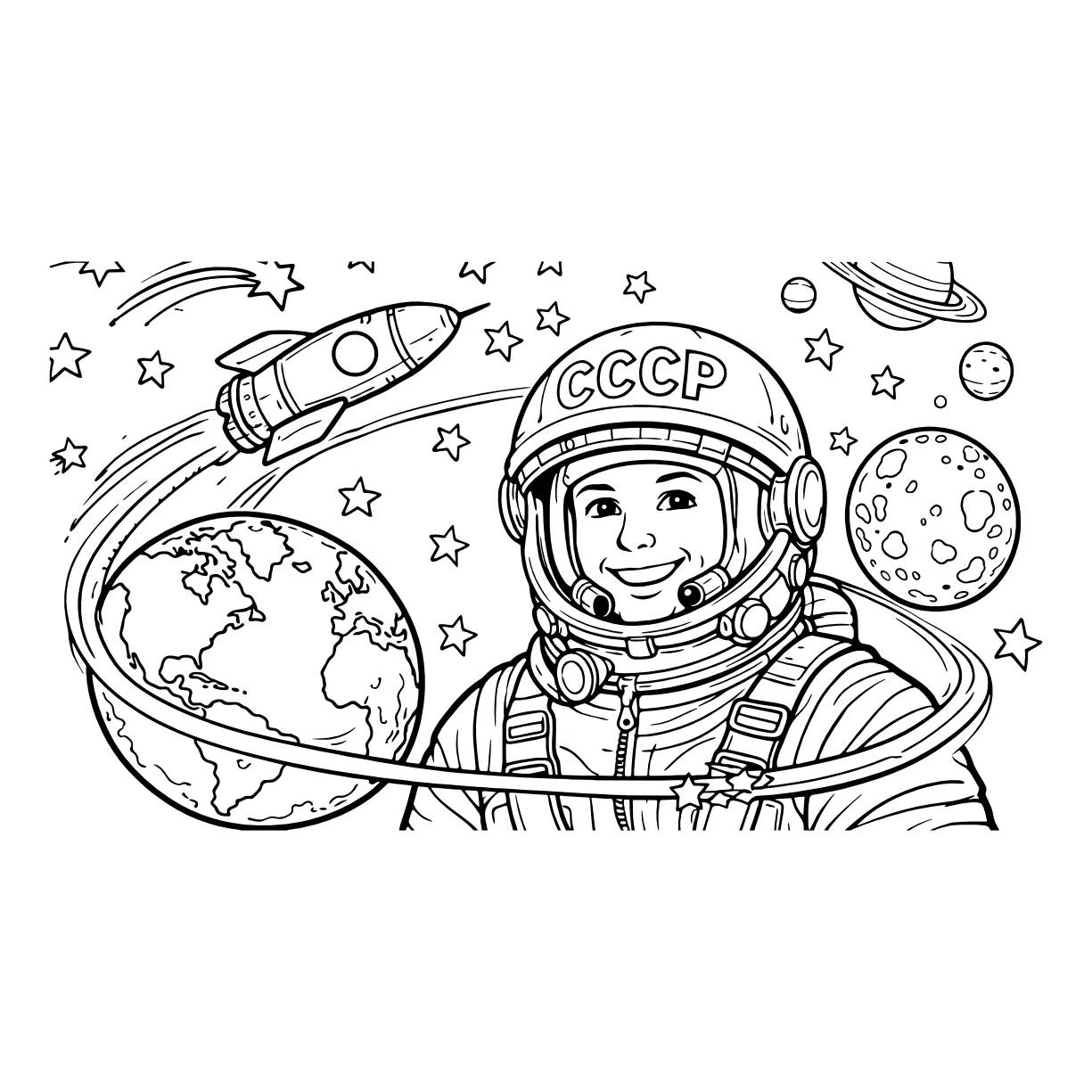 Юрий Гагарин первый космонавт облетевший Землю №8821. Популярные раскраски. Космос, галактики, звёзды, планеты.