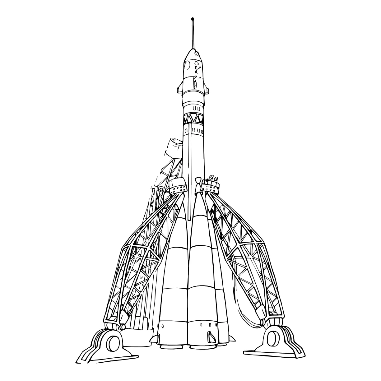 Космическая ракета Восход на стартовом столе №8803. Популярные раскраски. Космос, галактики, звёзды, планеты.