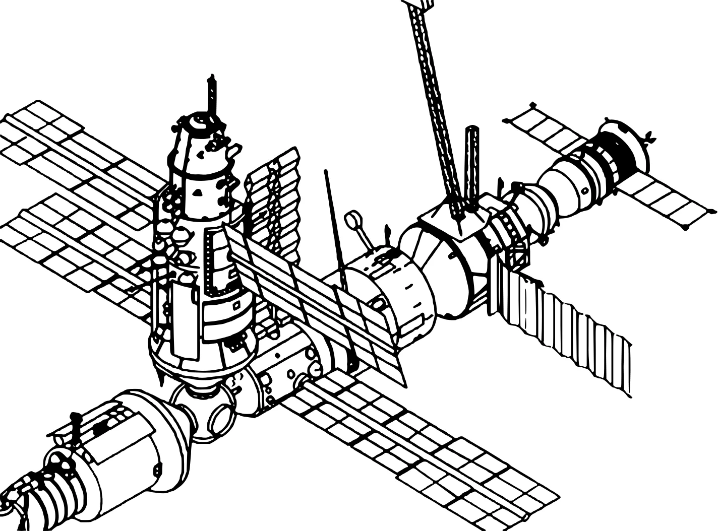 Космическая станция. Рисунок №8882. Популярные раскраски. Космос, галактики, звёзды, планеты.