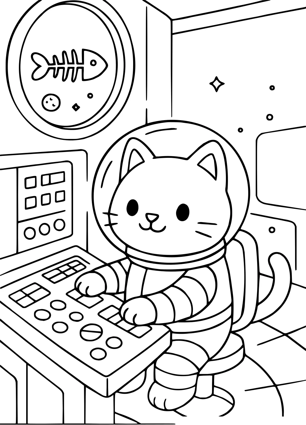 Кот управляет космической станцией из всех космических станций №8862. Популярные раскраски. Космос, галактики, звёзды, планеты.