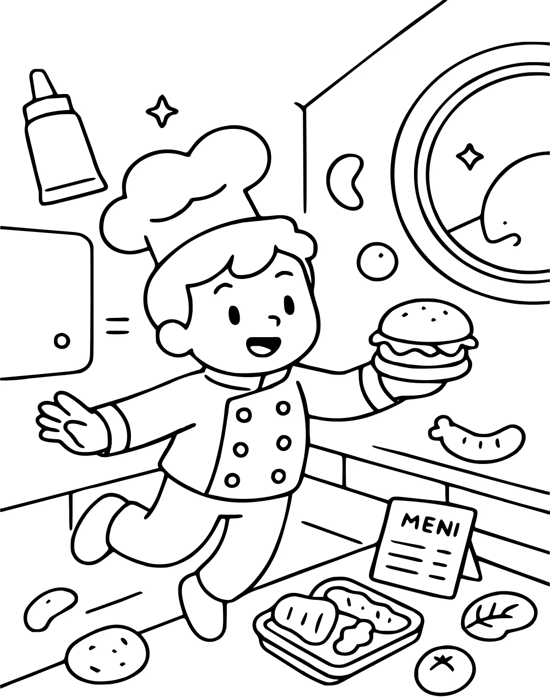 Повар на кухне космической станции с парящей едой и инструментами от Chef №8851. Популярные раскраски. Космос, галактики, звёзды, планеты.